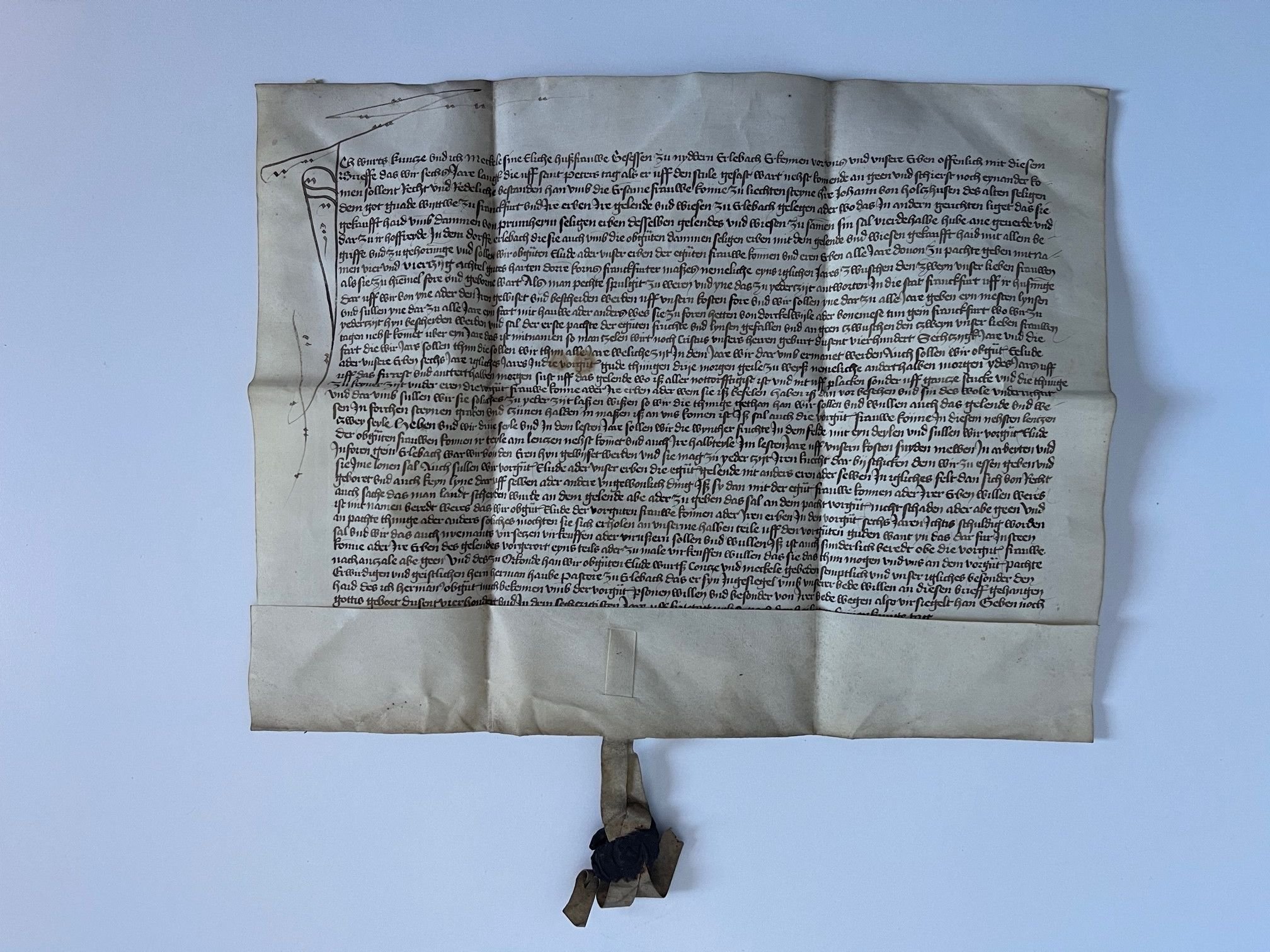 Urkunde, Kauf von Höfen mit 3,5 Huben Land in Nieder-Erlenbach durch Johann von Holzhausen, 1460 (Taunus-Rhein-Main - Regionalgeschichtliche Sammlung Dr. Stefan Naas CC BY-NC-SA)