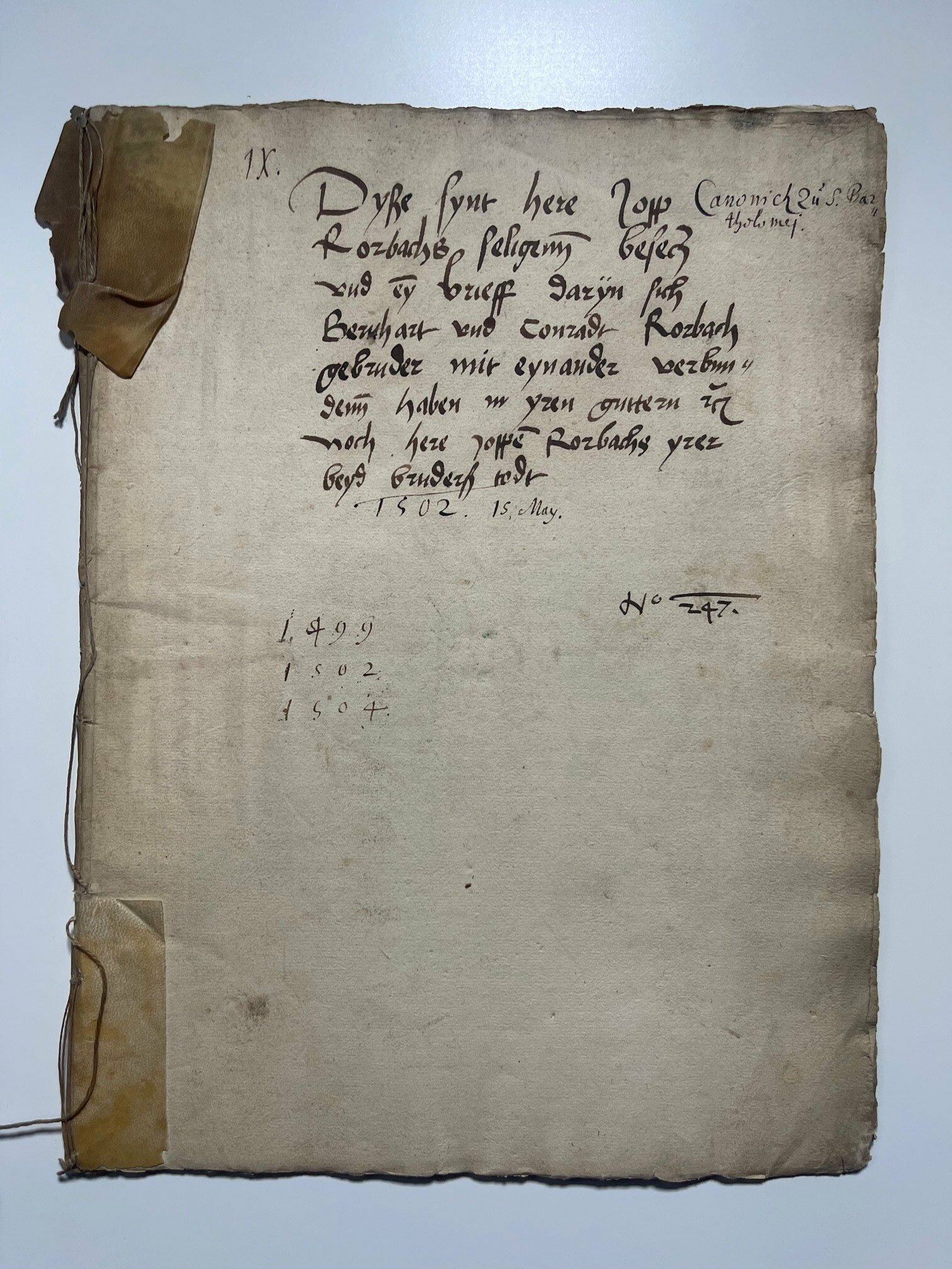 Handschrift, Testament des Jopp Rorbach, Kanoniker zu St. Bartholomäus in Frankfurt, ca. 1500. (Taunus-Rhein-Main - Regionalgeschichtliche Sammlung Dr. Stefan Naas CC BY-NC-SA)