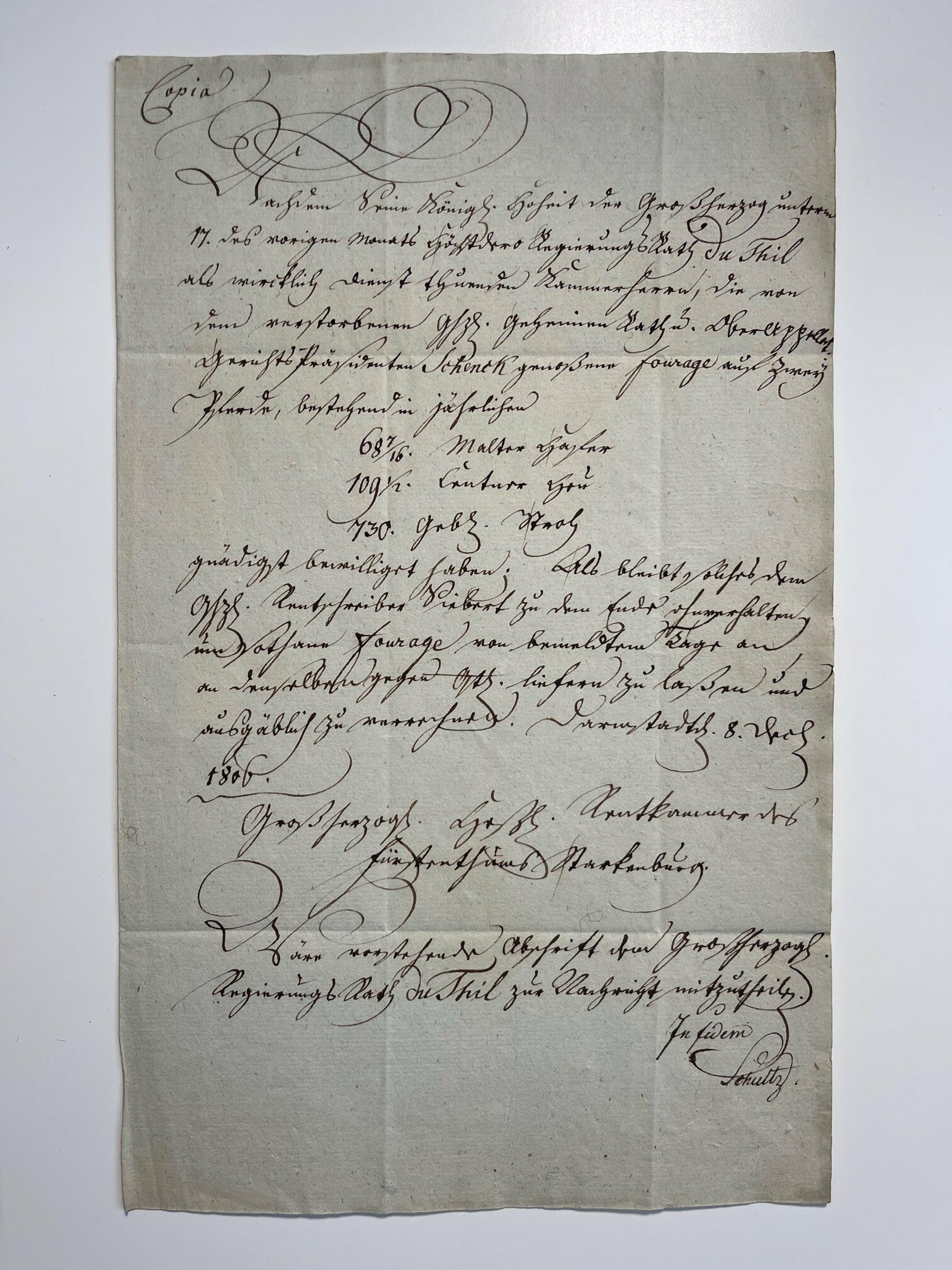 Urkunde, Karl du Thil erhält als Kammerherr die Fourage für zwei Pferde, 8. Dezember 1806 (Taunus-Rhein-Main - Regionalgeschichtliche Sammlung Dr. Stefan Naas CC BY-NC-SA)