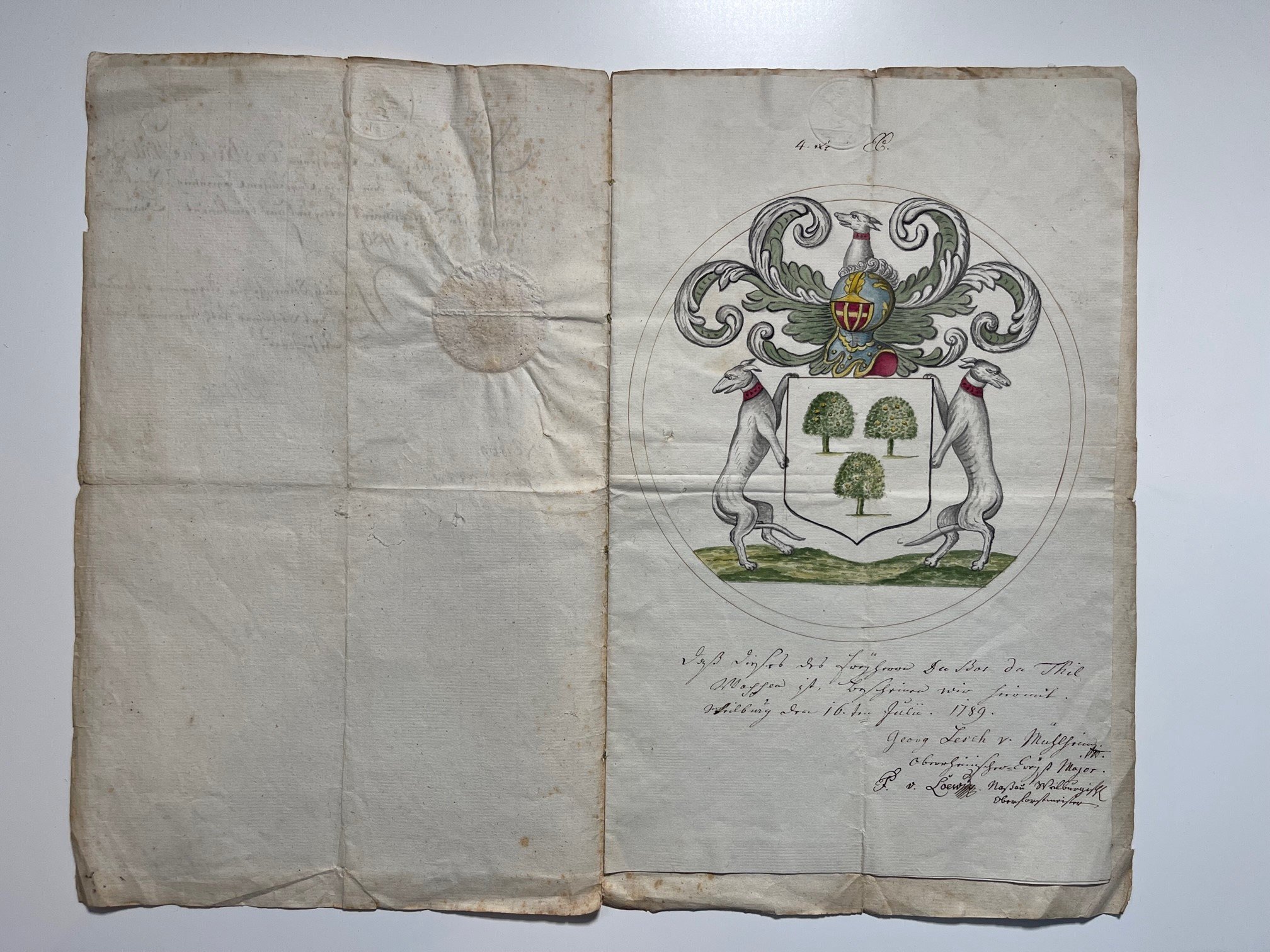 Urkunde, Wappenbestätigung für den Freiherrn Du Bos du Thil, Braunfels 28. August 1789 (Taunus-Rhein-Main - Regionalgeschichtliche Sammlung Dr. Stefan Naas CC BY-NC-SA)