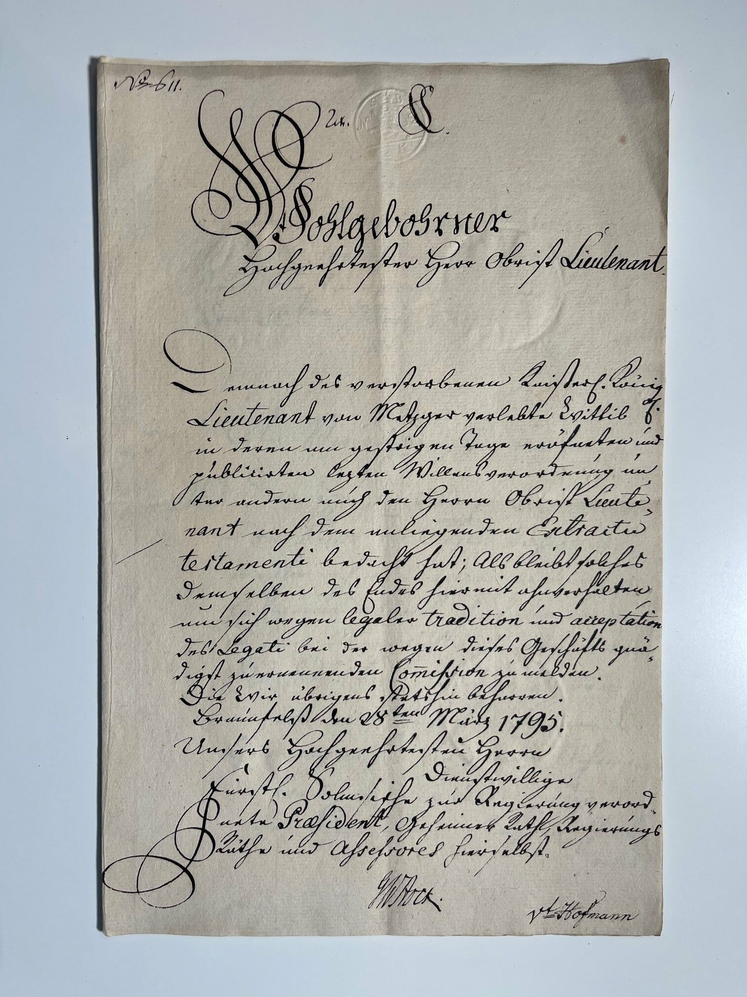 Dokument, Benachrichtigung über ein Vermächtnis für den Obristen Du Bos du Thil in Braunfels, 28. März 1795 (Taunus-Rhein-Main - Regionalgeschichtliche Sammlung Dr. Stefan Naas CC BY-NC-SA)