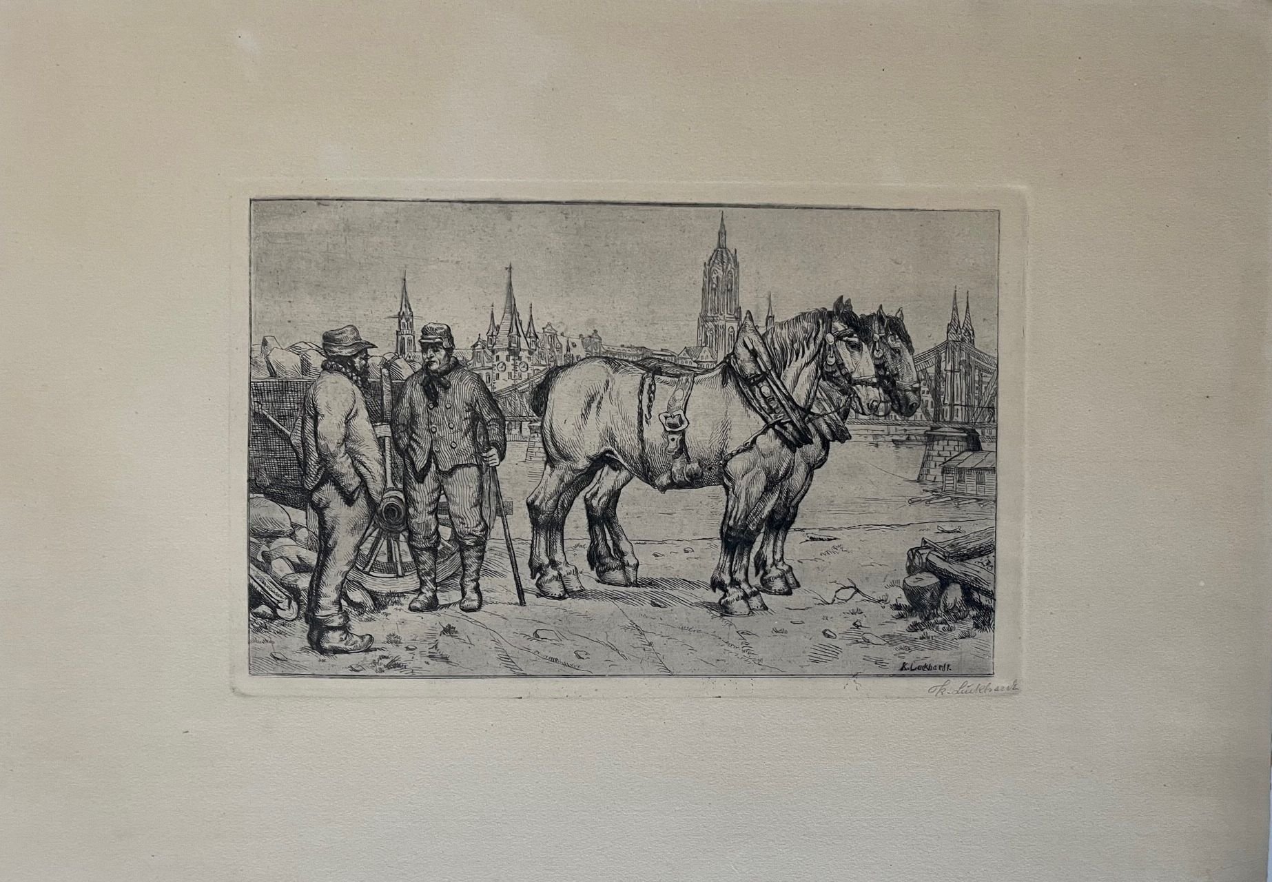 Karl Luckhardt, Radierung, Zwei Pferde mit Fuhrwerk vor Frankfurt, ca. 1910 (Taunus-Rhein-Main - Regionalgeschichtliche Sammlung Dr. Stefan Naas CC BY-NC-SA)