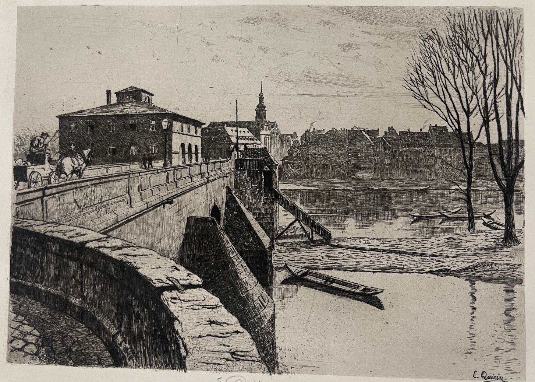 Radierung, Eberhard Quirin, Frankfurt, Alte Brücke, ca. 1920 (Taunus-Rhein-Main - Regionalgeschichtliche Sammlung Dr. Stefan Naas CC BY-NC-SA)