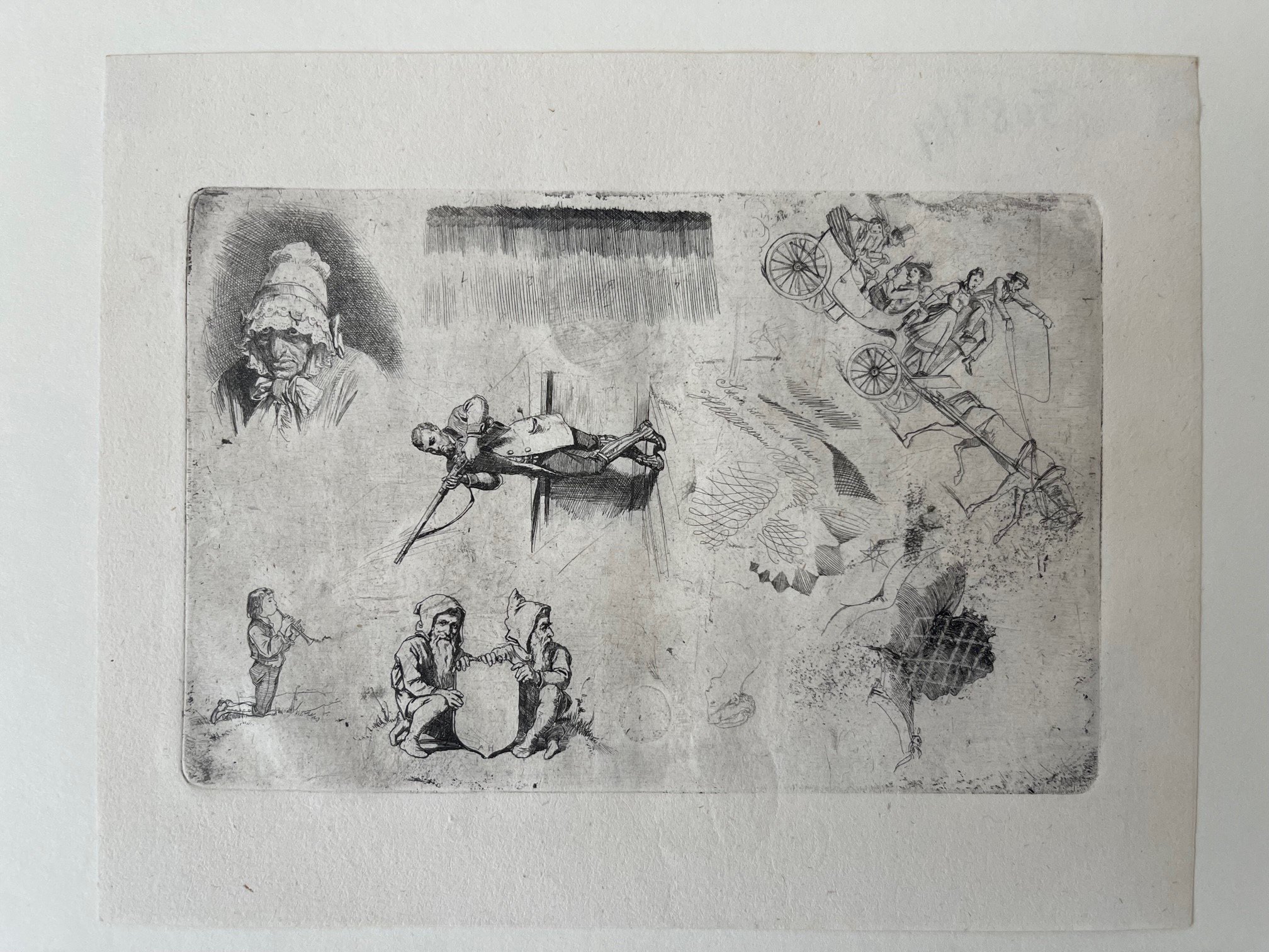 Albert Hendschel, Studienblatt mit mehreren figürlichen Szenen, links oben Bildnis einer alten Frau, mit Ätzflecken, ca. 1875 (Taunus-Rhein-Main - Regionalgeschichtliche Sammlung Dr. Stefan Naas CC BY-NC-SA)