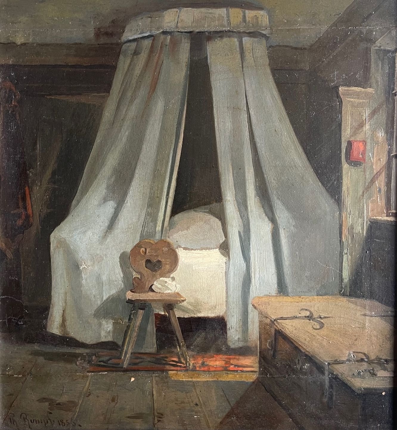 Philipp Rumpf, Cronberger Interieur mit Bett, Stuhl und Truhe, 1856 (Taunus-Rhein-Main - Regionalgeschichtliche Sammlung Dr. Stefan Naas CC BY-NC-SA)