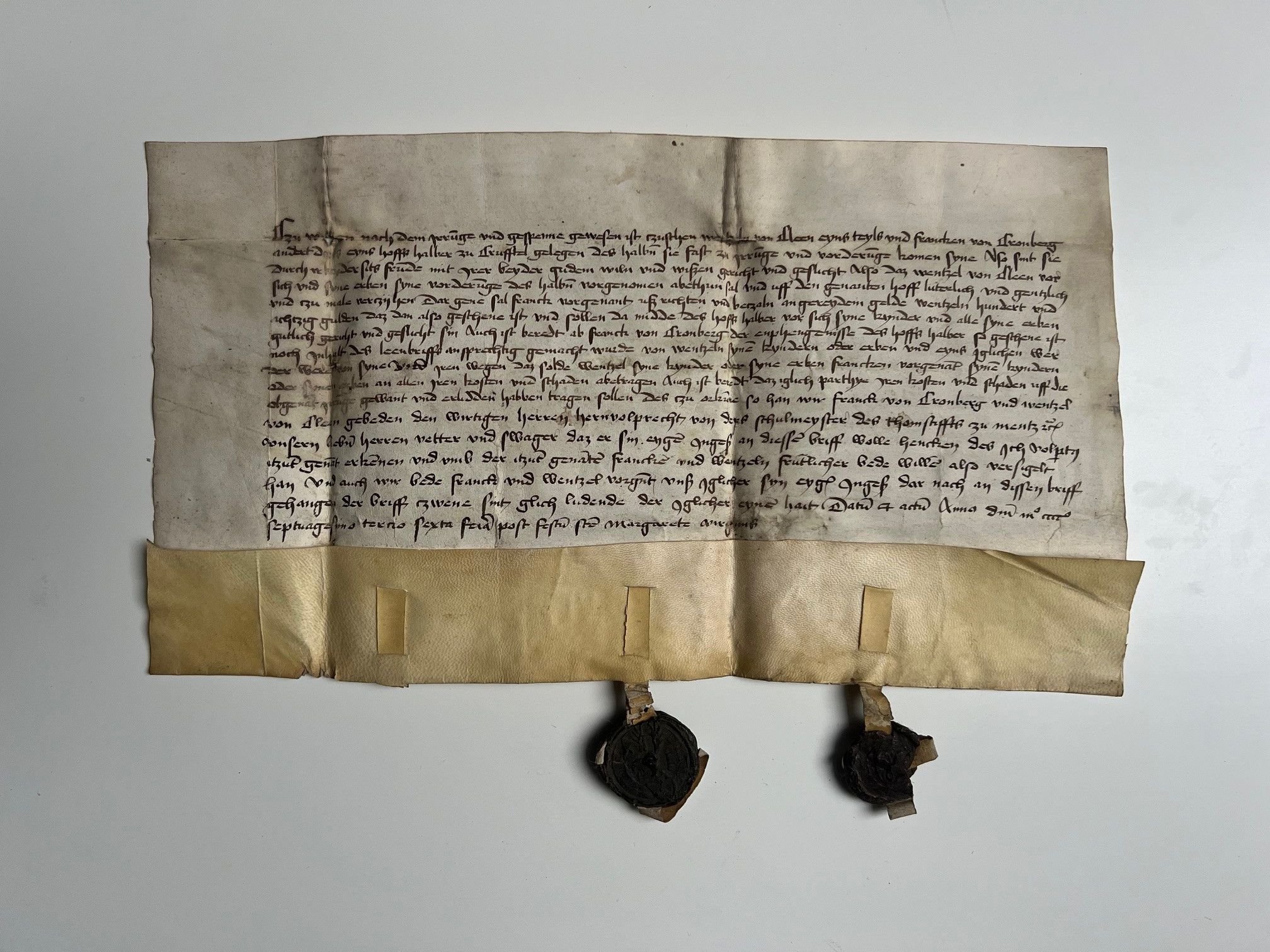 Urkunde, Vertrag zwischen Wentzel von Cleen und Frank von Kronberg über einen Hof in Crufftel, 1473 (Taunus-Rhein-Main - Regionalgeschichtliche Sammlung Dr. Stefan Naas CC BY-NC-SA)