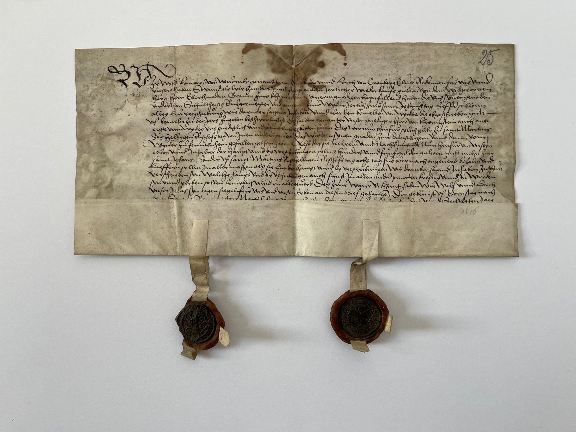 Urkunde, Wolf Kemmerer von Wurmbs genannt Dalberg und der Lorch von Kronberg, 1516 (Taunus-Rhein-Main - Regionalgeschichtliche Sammlung Dr. Stefan Naas CC BY-NC-SA)