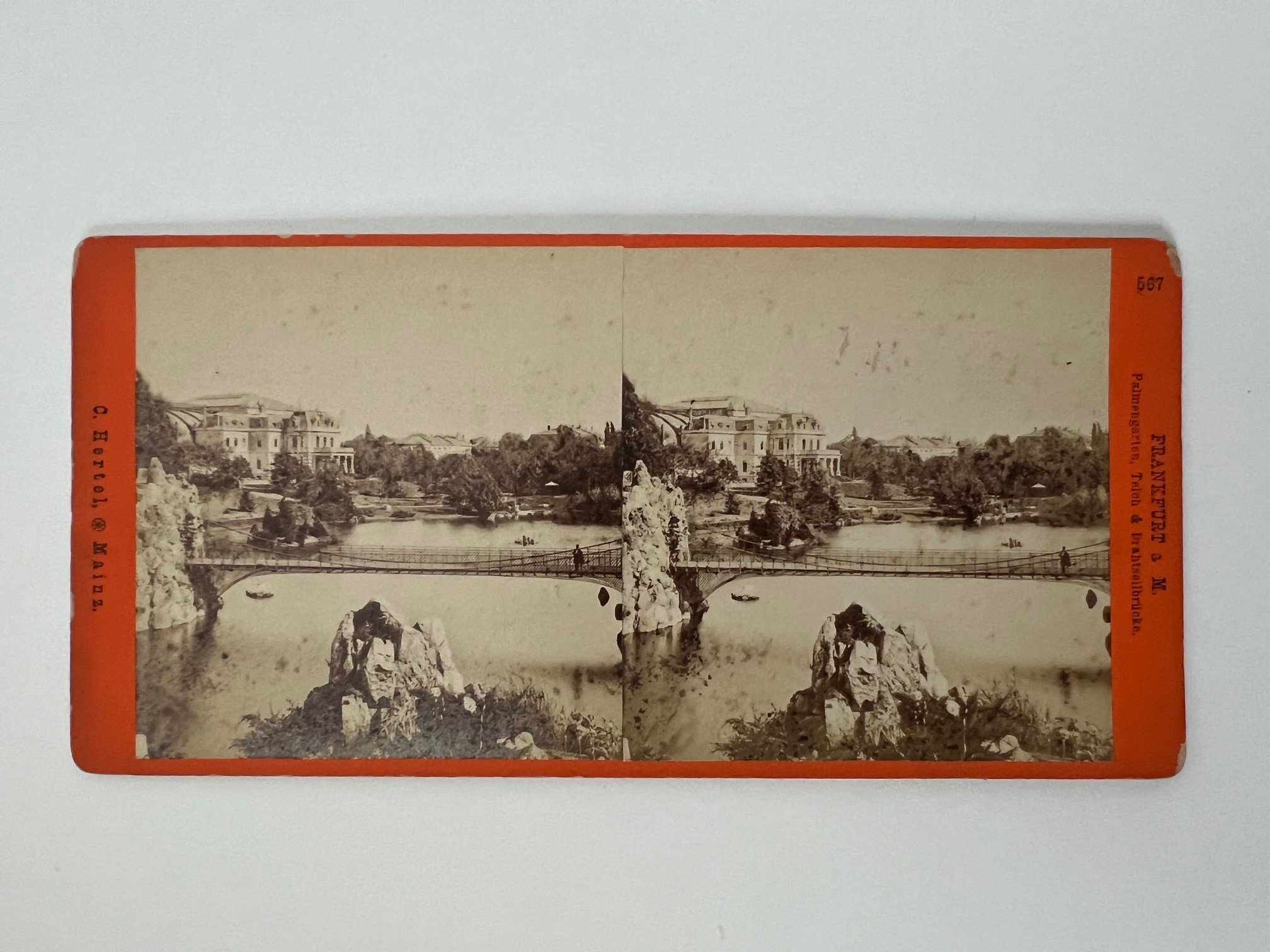 Stereobild, Carl Hertel, Frankfurt, Palmengarten, Teich & Drahtseilbrücke, ca. 1878. (Taunus-Rhein-Main - Regionalgeschichtliche Sammlung Dr. Stefan Naas CC BY-NC-SA)