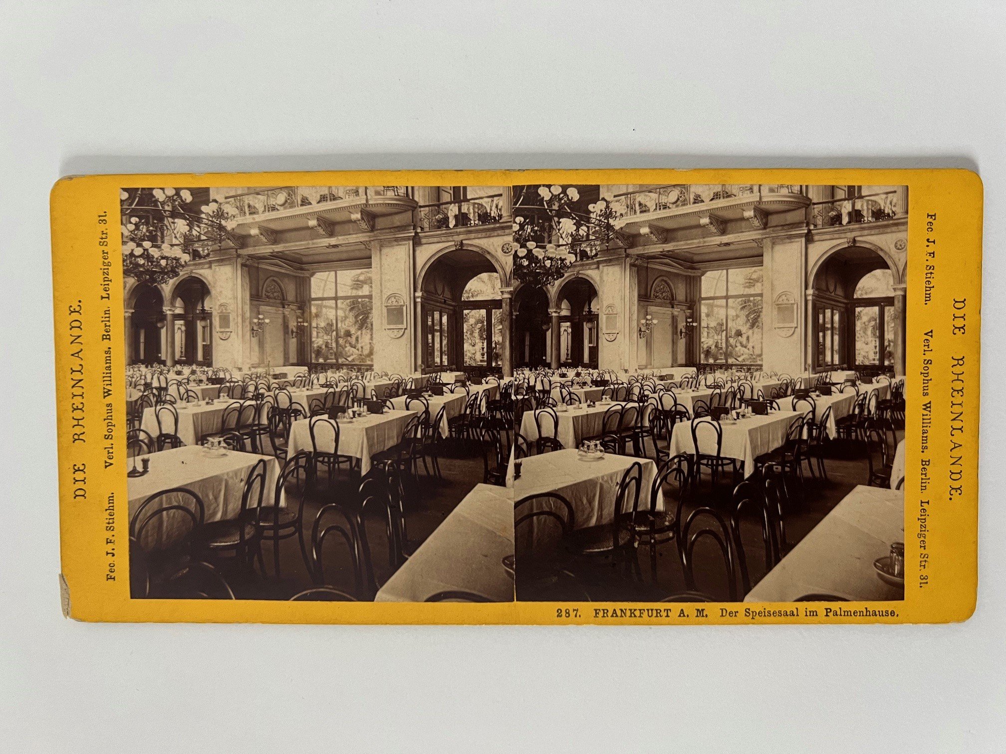 Stereobild, Johann Friedrich Stiehm, Frankfurt, Nr. 287, Der Speisesaal im Palmenhaus, ca. 1882. (Taunus-Rhein-Main - Regionalgeschichtliche Sammlung Dr. Stefan Naas CC BY-NC-SA)