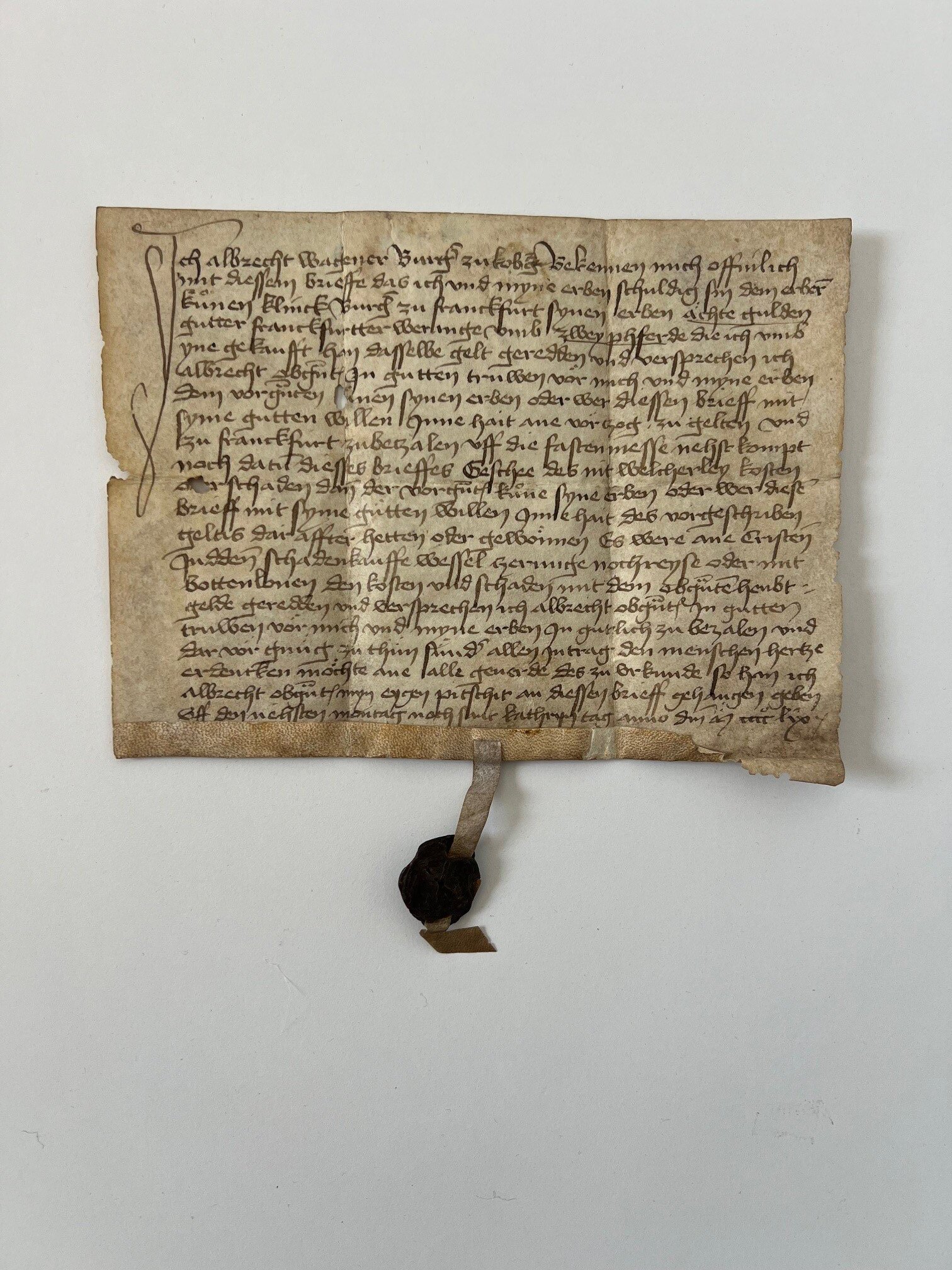 Urkunde, Albrecht Wagner bekennt eine Schuld von 8 Gulden, Frankfurt 1458 (Taunus-Rhein-Main - Regionalgeschichtliche Sammlung Dr. Stefan Naas CC BY-NC-SA)
