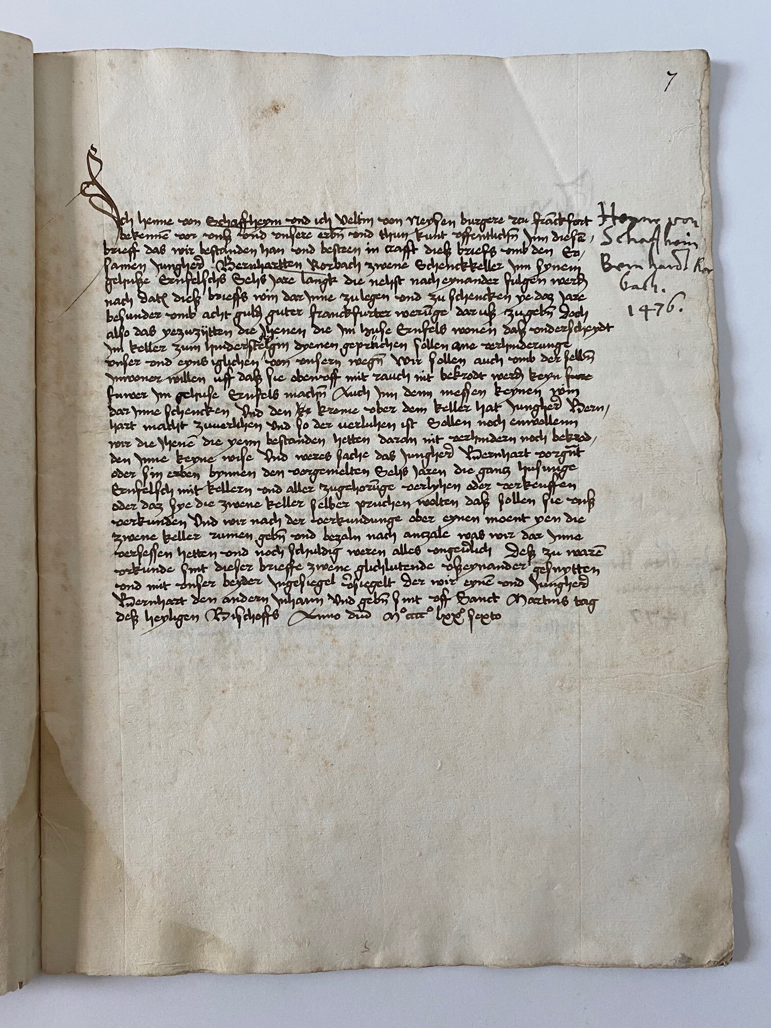 Mietvertrag über Kellerräume im Haus Erenfels, 11. November 1476 (Taunus-Rhein-Main - Regionalgeschichtliche Sammlung Dr. Stefan Naas CC BY-NC-SA)