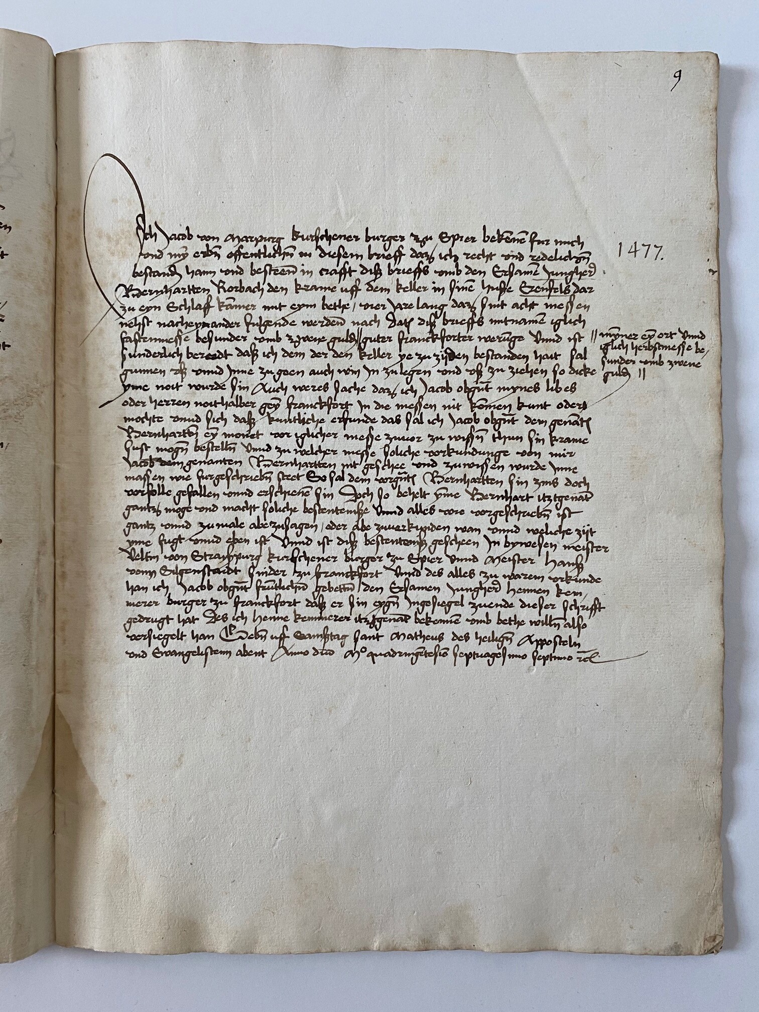 Mietvertrag über eine Messekräme und eine Schlafkammer im Haus Erenfels, 22. September 1477 (Taunus-Rhein-Main - Regionalgeschichtliche Sammlung Dr. Stefan Naas CC BY-NC-SA)
