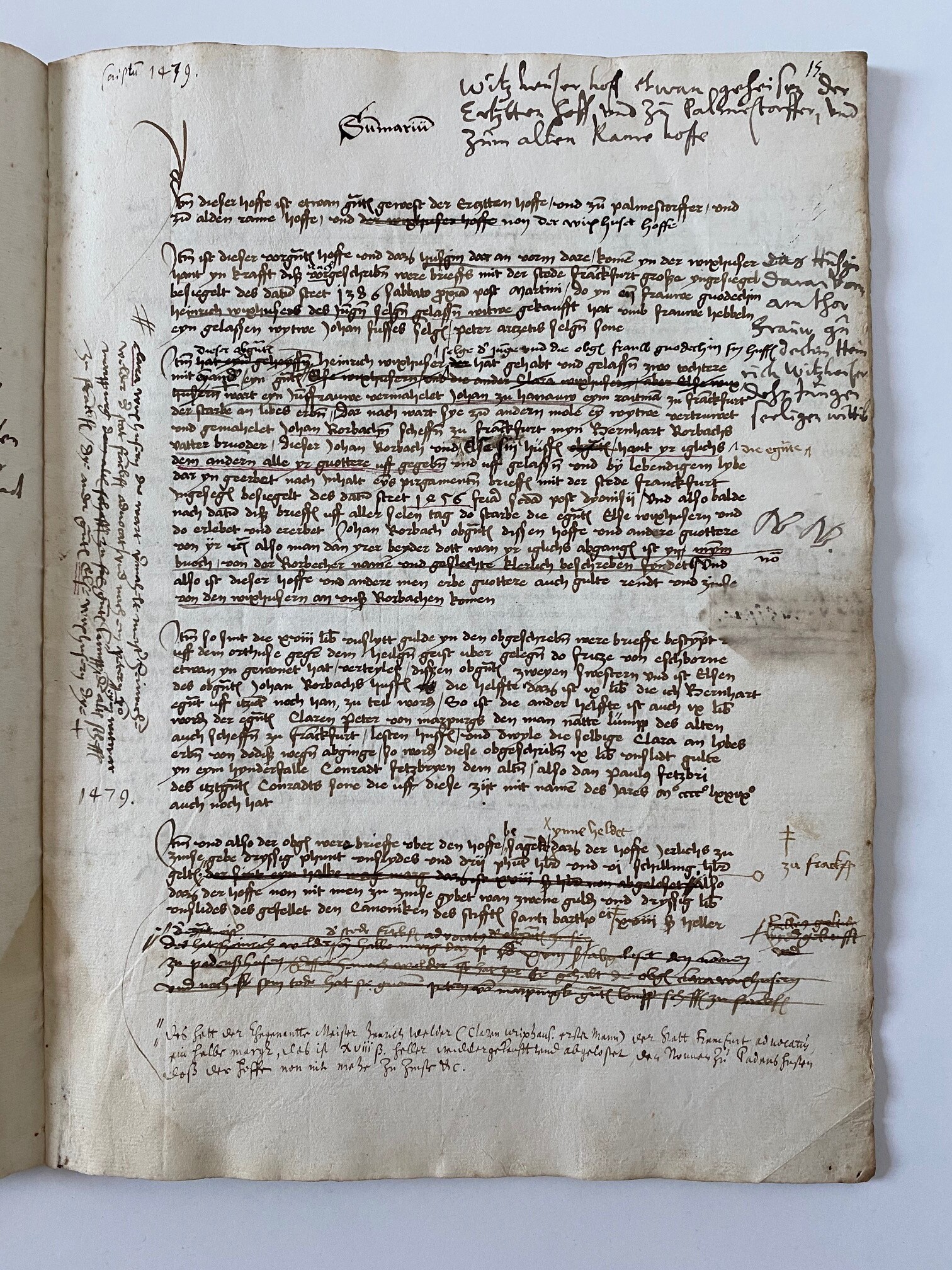 Summarium zu den Besitzverhältnissen verschiedener Liegenschaften der Familie Rorbach; 1479 (Taunus-Rhein-Main - Regionalgeschichtliche Sammlung Dr. Stefan Naas CC BY-NC-SA)