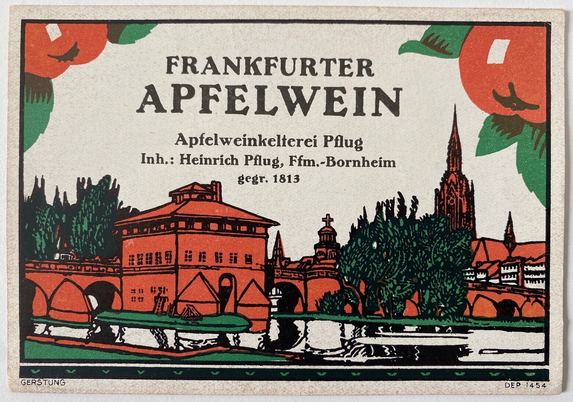 Etikett für eine Apfelweinflasche, Kelterei Pflug, Frankfurt am Main (Regionalgeschichtliche Sammlung Dr. Stefan Naas CC BY-NC-SA)