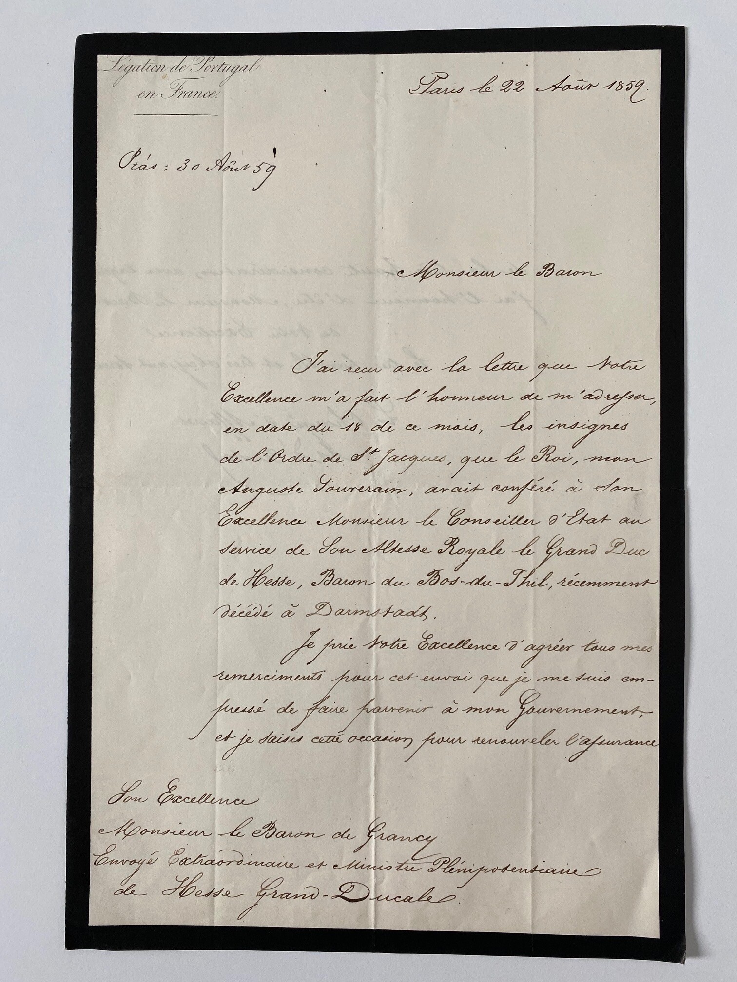 22. August 1859: Der portugiesische Gesandte in Paris zum Tod Carl du Thils (Taunus-Rhein-Main - Regionalgeschichtliche Sammlung Dr. Stefan Naas CC BY-NC-SA)