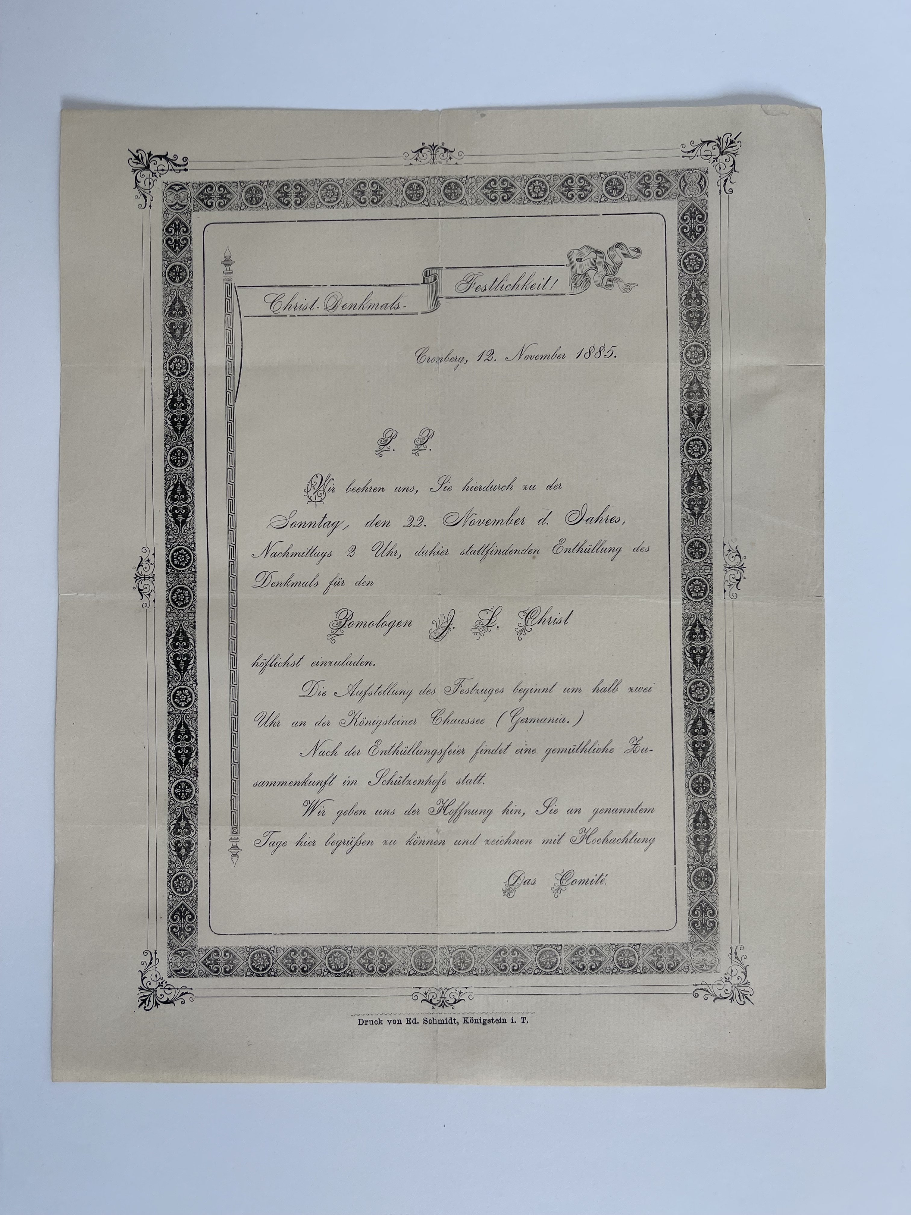 Einladung zur Enthüllung des Denkmals für Johann Ludwig Christ in Kronberg am 22. Juli 1885 (Taunus-Rhein-Main - Regionalgeschichtliche Sammlung Dr. Stefan Naas CC BY-NC-SA)