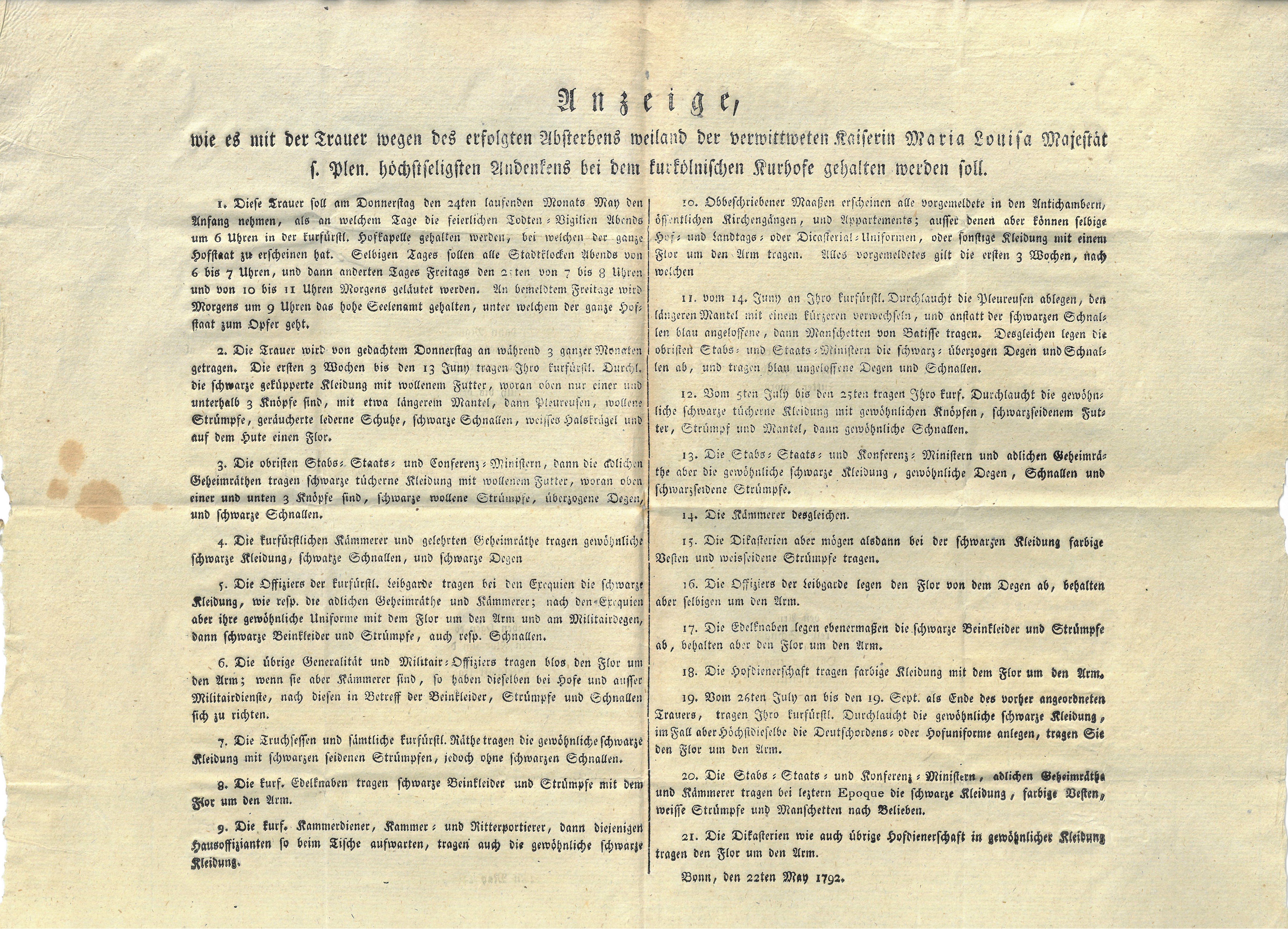 Textblatt "Anzeige, wie es mit der Trauer wegen des erfolgten Absterbens…Kaiserin Maria Louisa…" (1792) (Museum für Sepulkralkultur CC0)