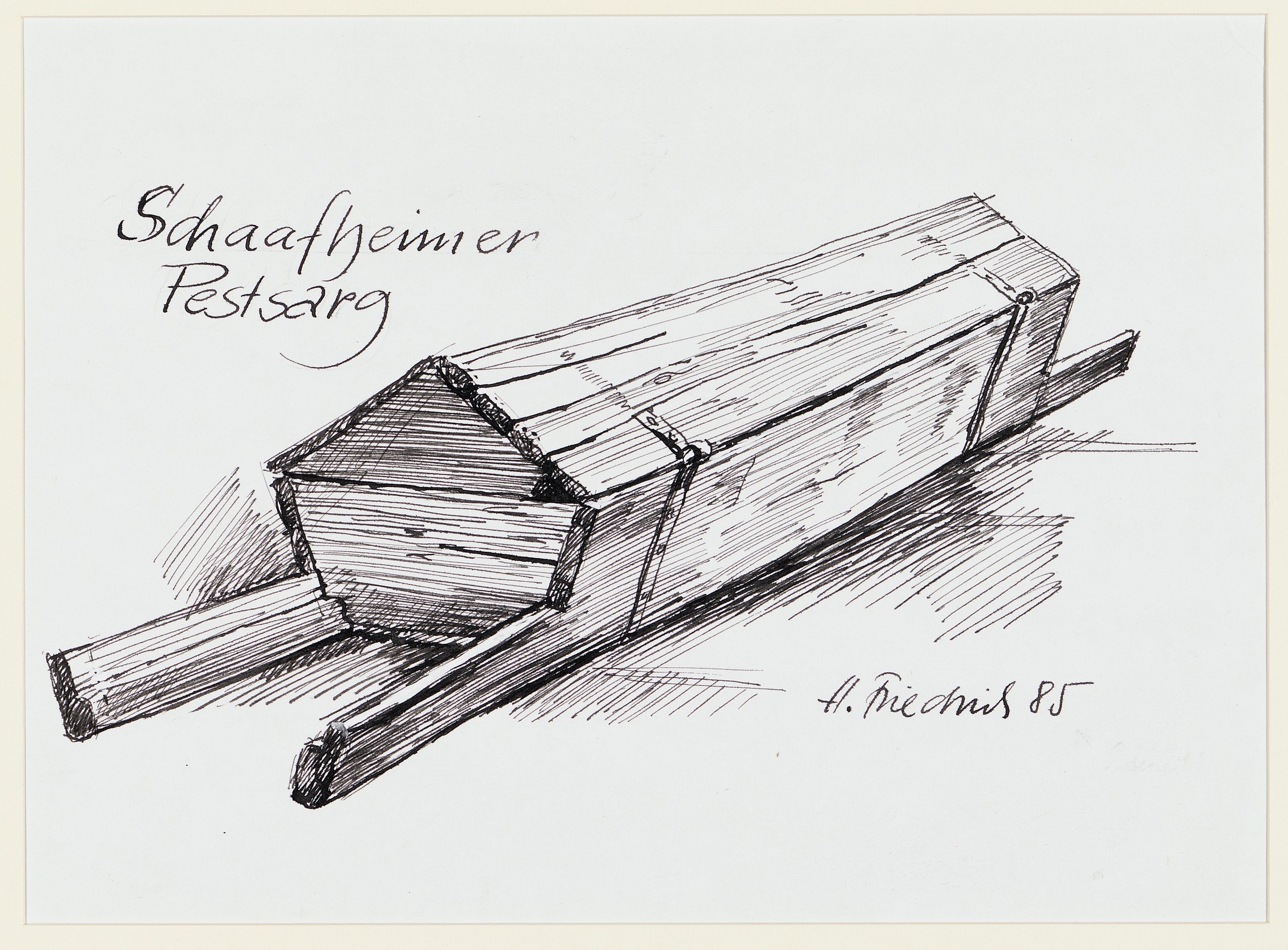 Zeichnung "Schaafheimer Pestsarg" (Museum für Sepulkralkultur CC BY-NC-SA)