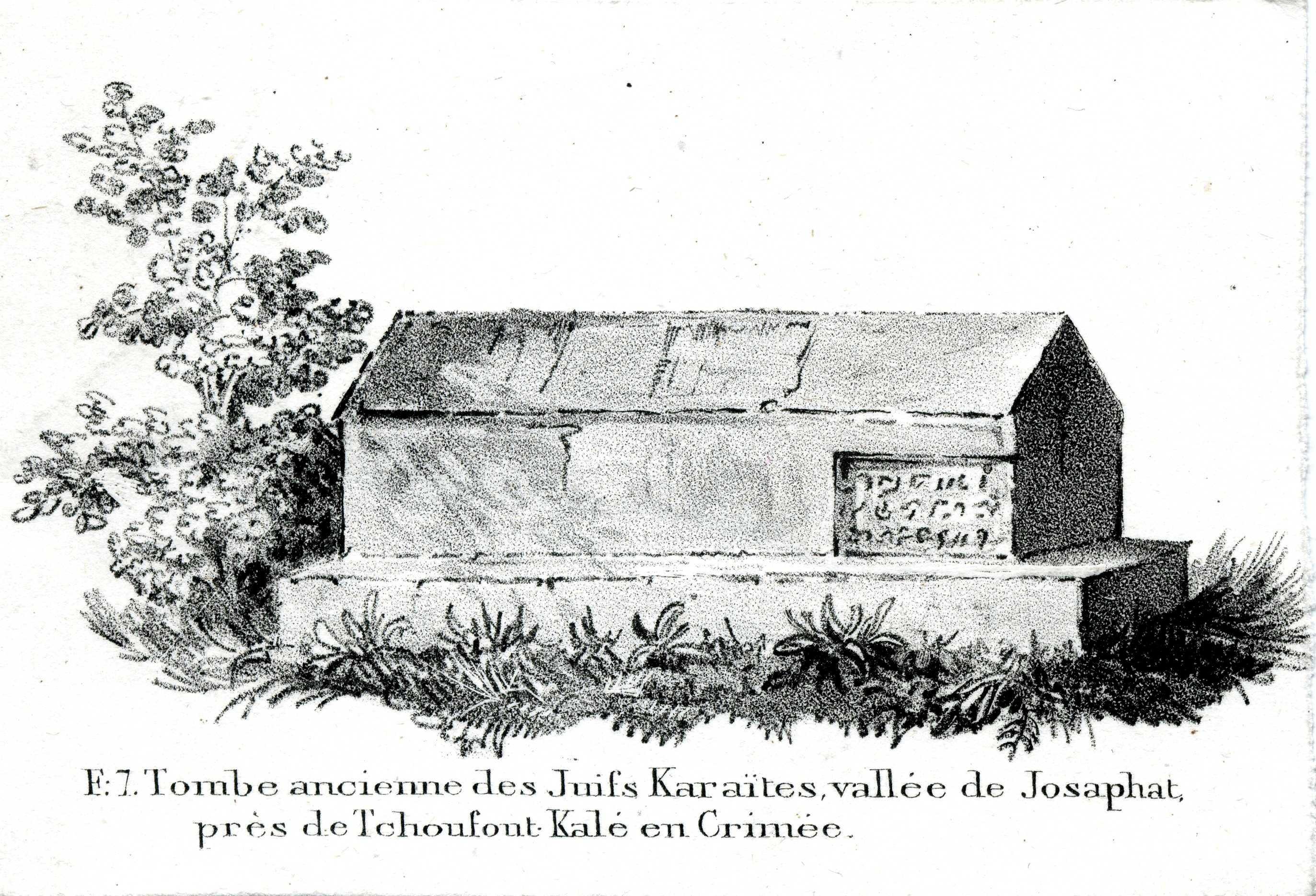 Grafik "F:7. Tombe ancienne des Juifs Karaites, valle de Josaphat, près de Tchoufout Kalé en Crimée." (Museum für Sepulkralkultur CC BY-NC-SA)