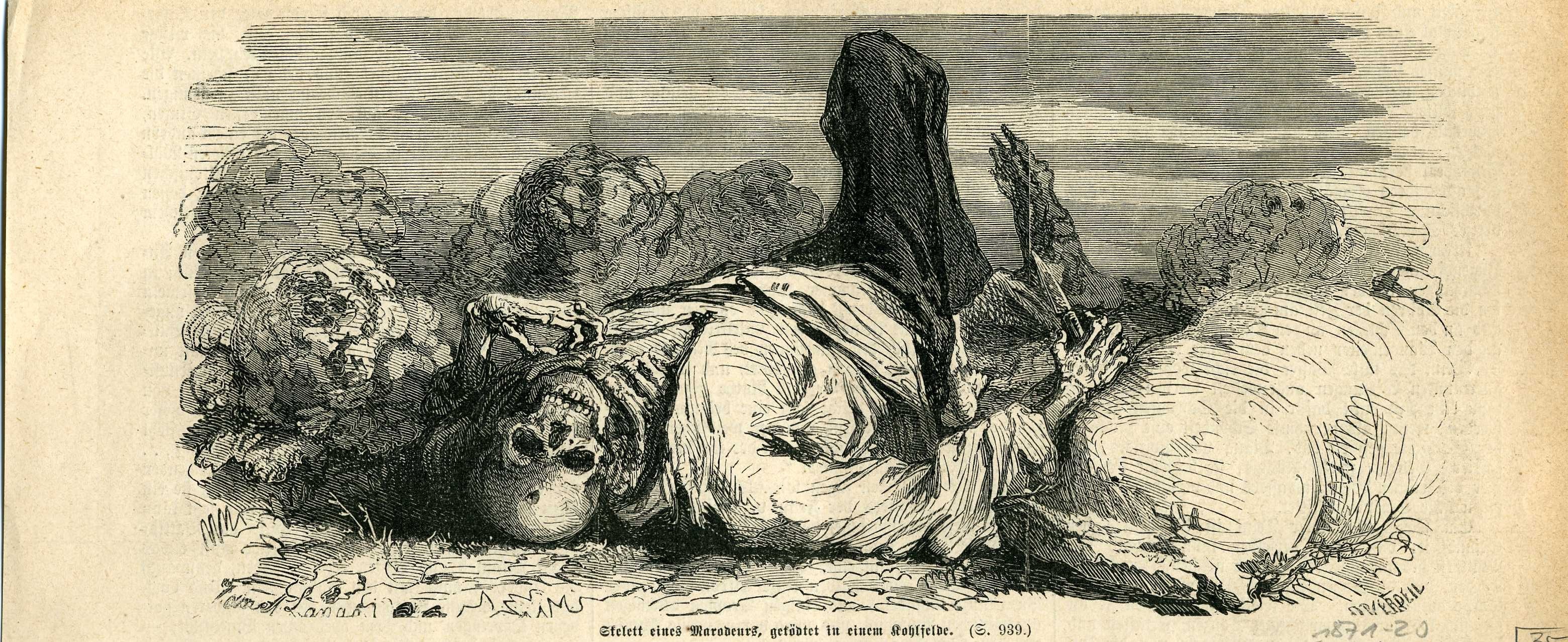 Grafik "Skelett eines Marodeurs, getödtet in einem Kohlfelde" (Museum für Sepulkralkultur CC BY-NC-SA)