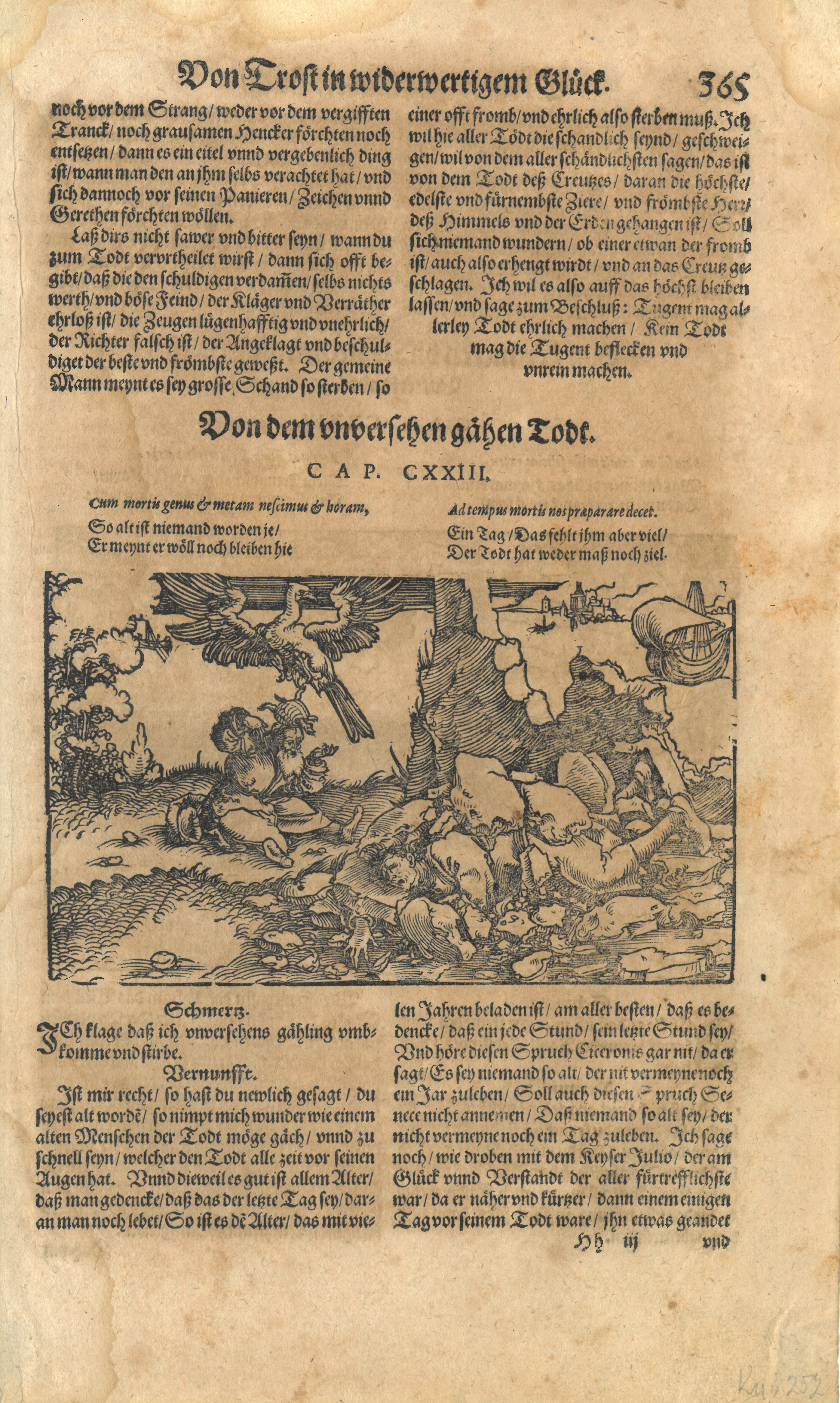 Grafik und Text "Von dem unversehen gähen Todt. CAP. CXXIII" (Museum für Sepulkralkultur CC BY-NC-SA)