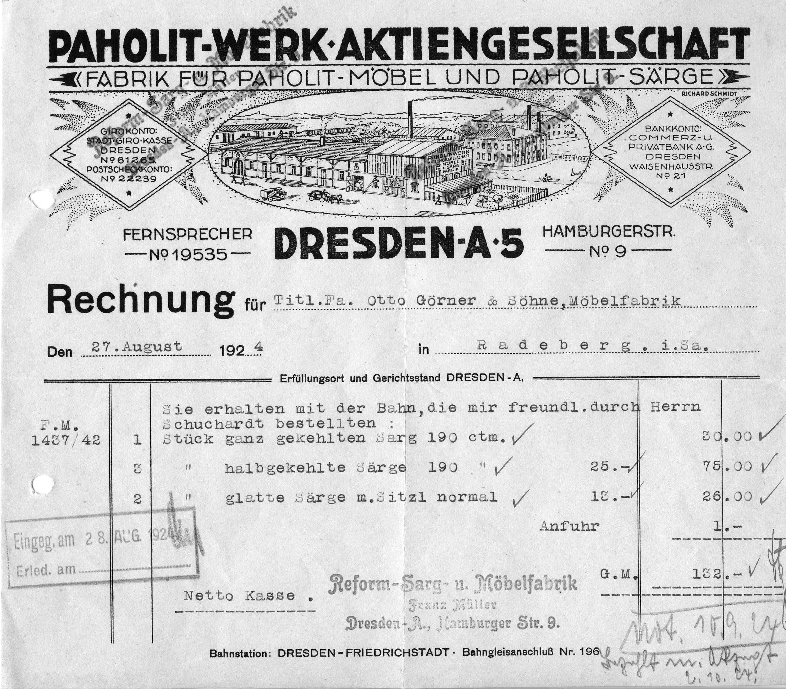 Rechnung über Särge der Paholit-Werk Aktiengesellschaft (Dresden) (Museum für Sepulkralkultur CC0)
