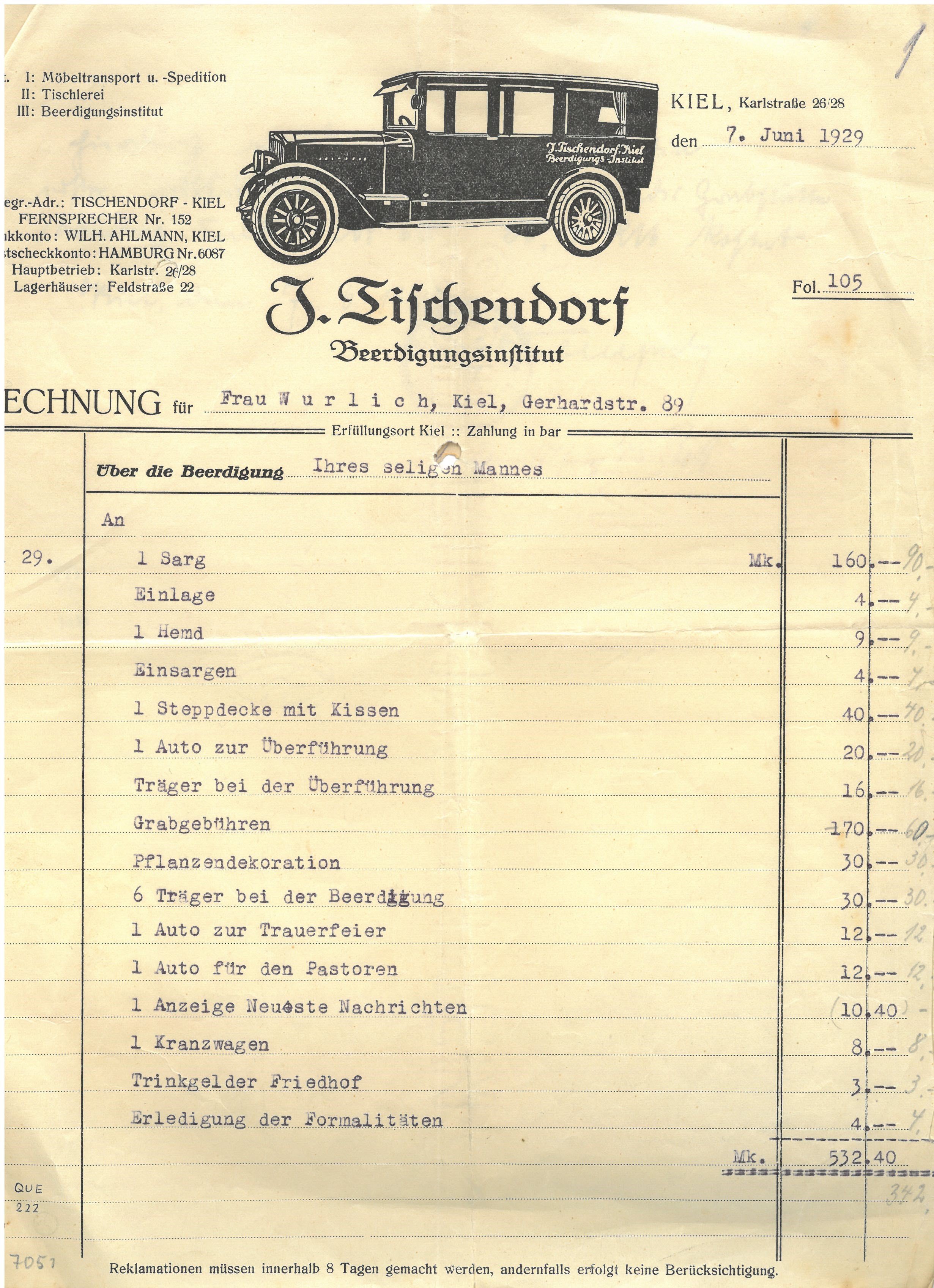 Rechnung für "Frau Wurlich" vom Beerdigungsinstitut J. Tischendorf (Museum für Sepulkralkultur CC0)