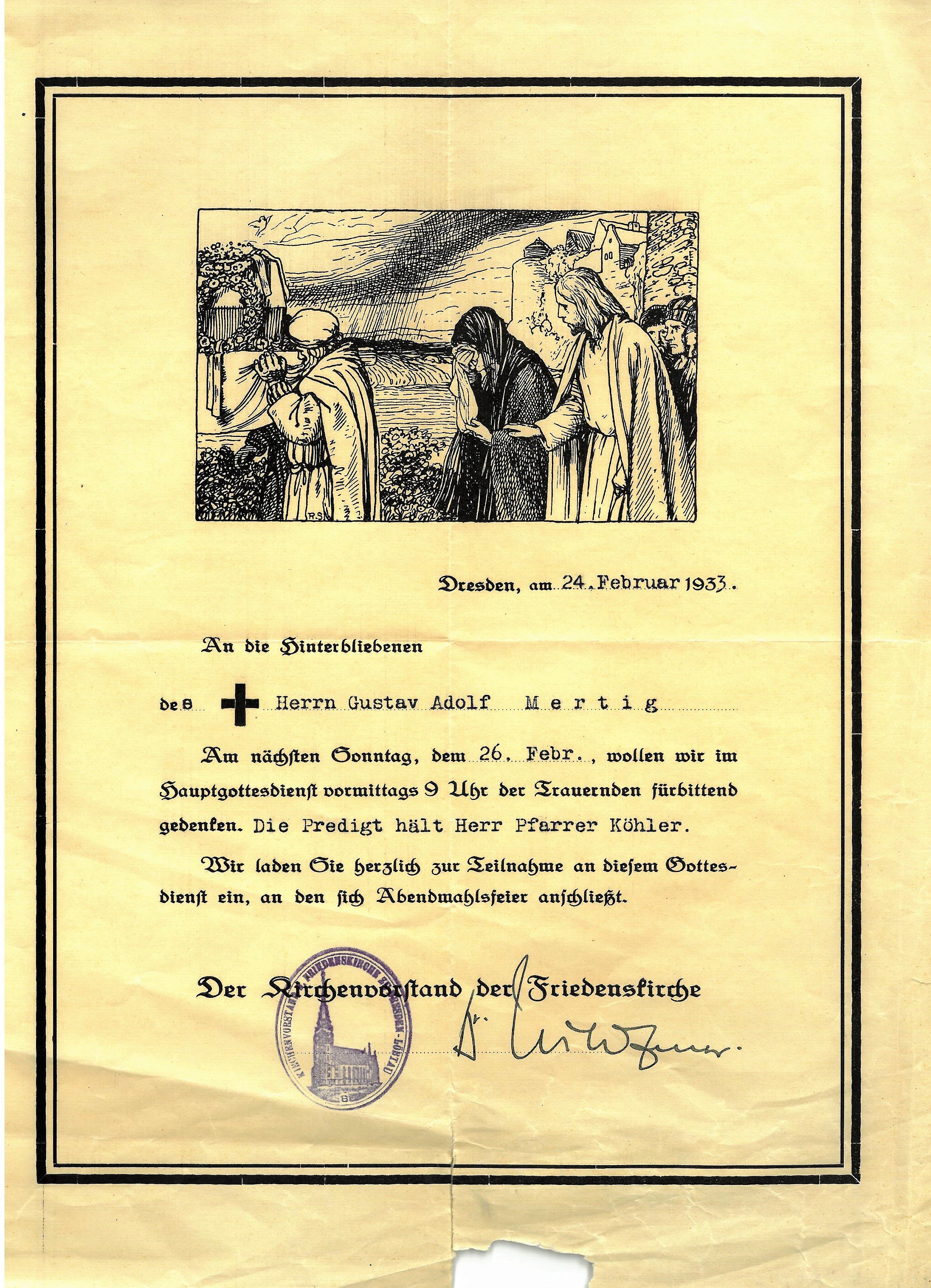 Einladungsschreiben zum Trauergottesdienst "Gustav Adolf Merting" (1933) (Museum für Sepulkralkultur CC0)