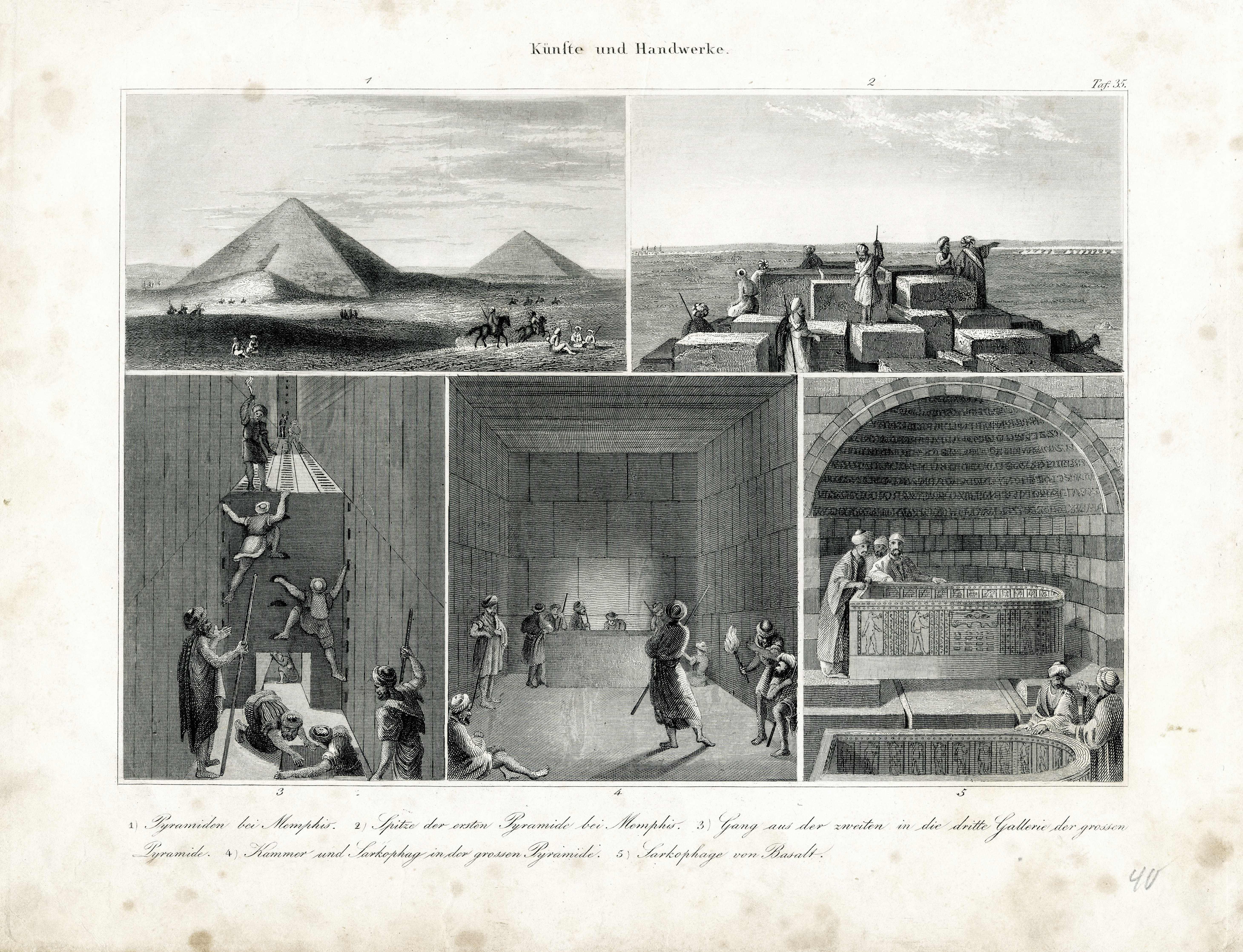 Grafik "Künste und Handwerke. 1. Pyramiden bei Memphis" (Museum für Sepulkralkultur CC BY-NC-SA)