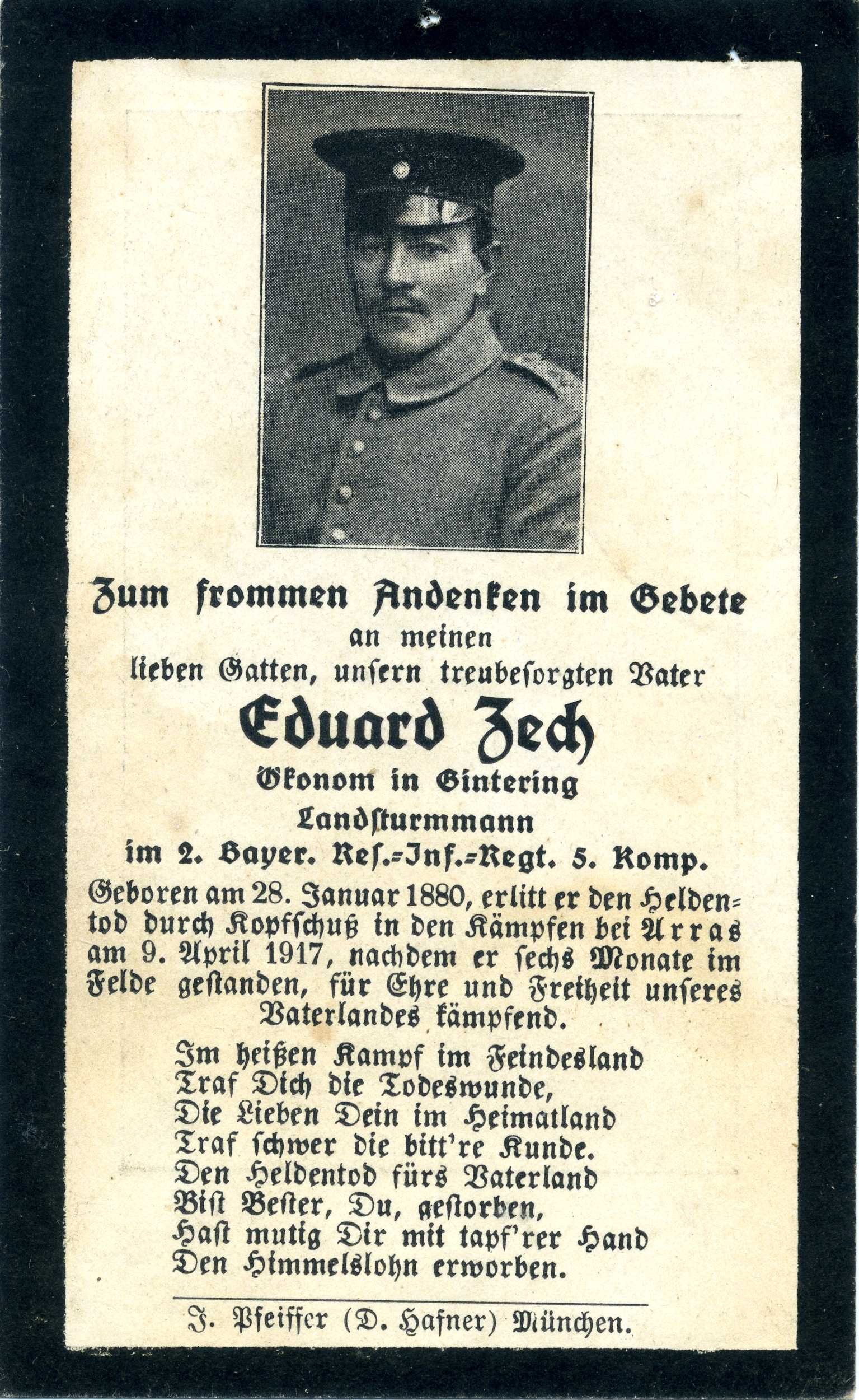 Totenzettel für Eduard Zech (Museum für Sepulkralkultur CC BY-NC-SA)
