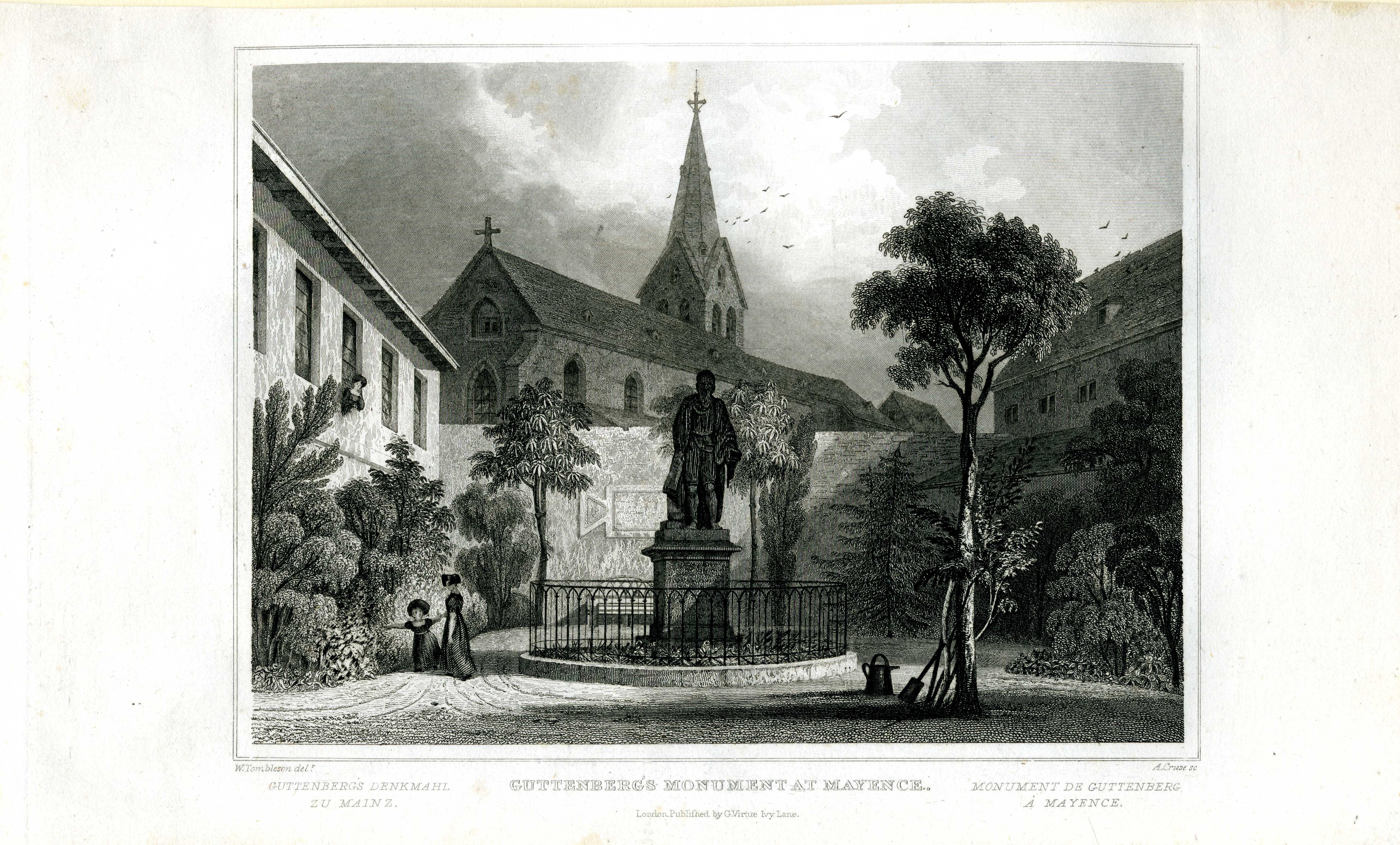 Grafik "Gutenberg's Monument at Mayence" (Museum für Sepulkralkultur CC BY-NC-SA)