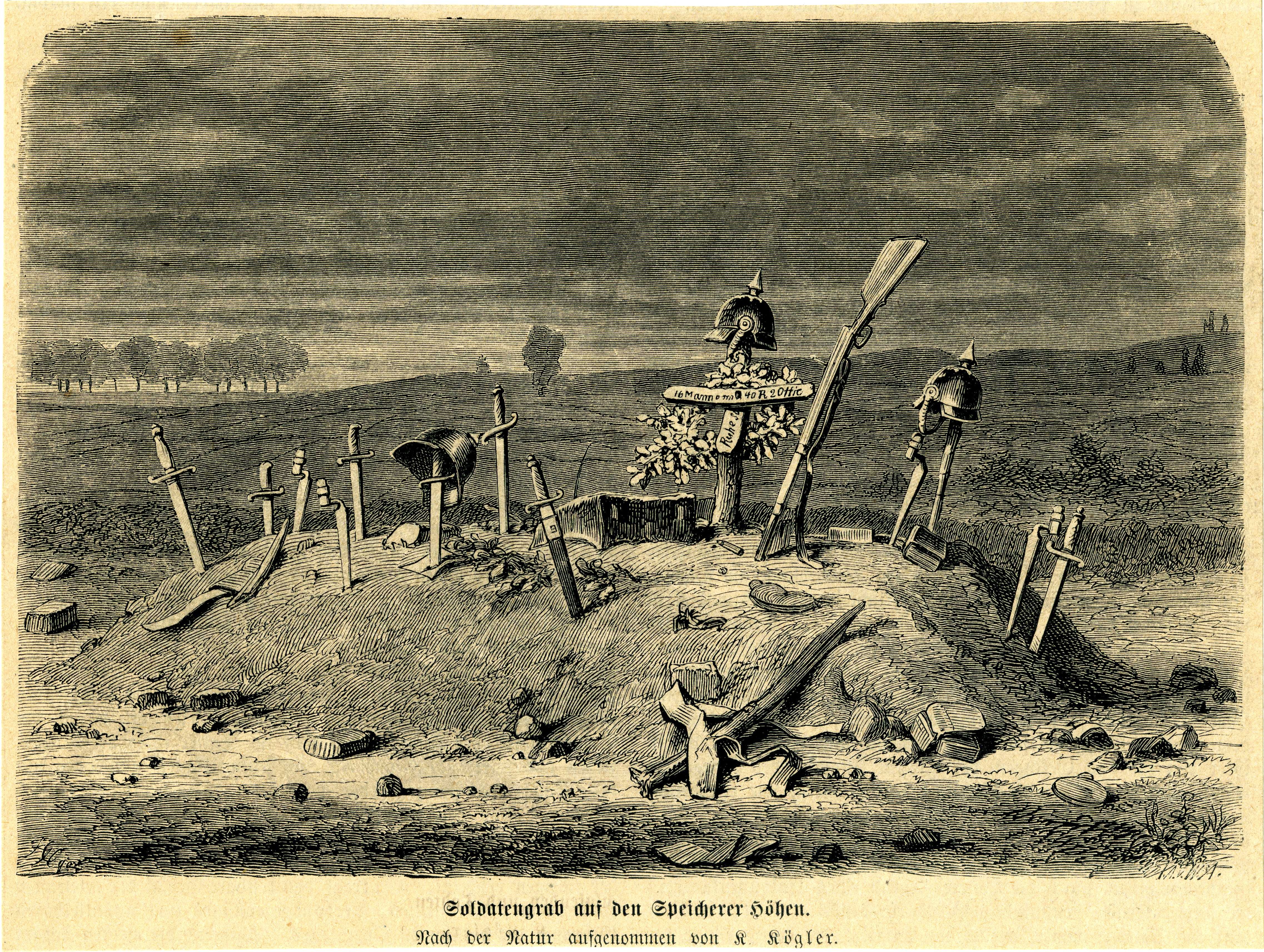 Grafik "Soldatengrab auf den Speicherer Höhen. Nach der Natur aufgenommen von K. Kögler." (Museum für Sepulkralkultur CC BY)
