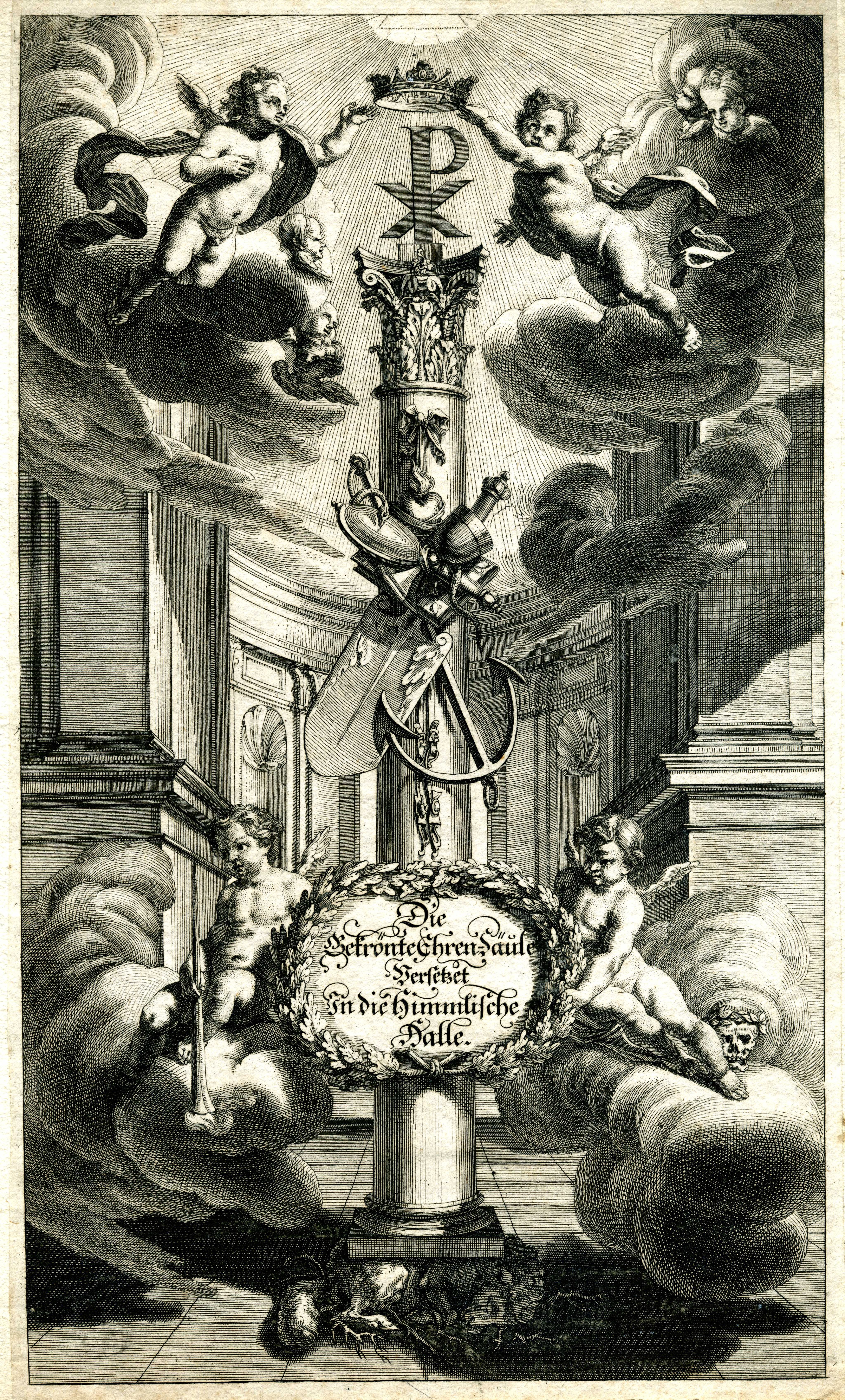 Grafik "Die bekrönte Ehren-Säule versetzet in die himmlische Halle" (Museum für Sepulkralkultur Public Domain Mark)