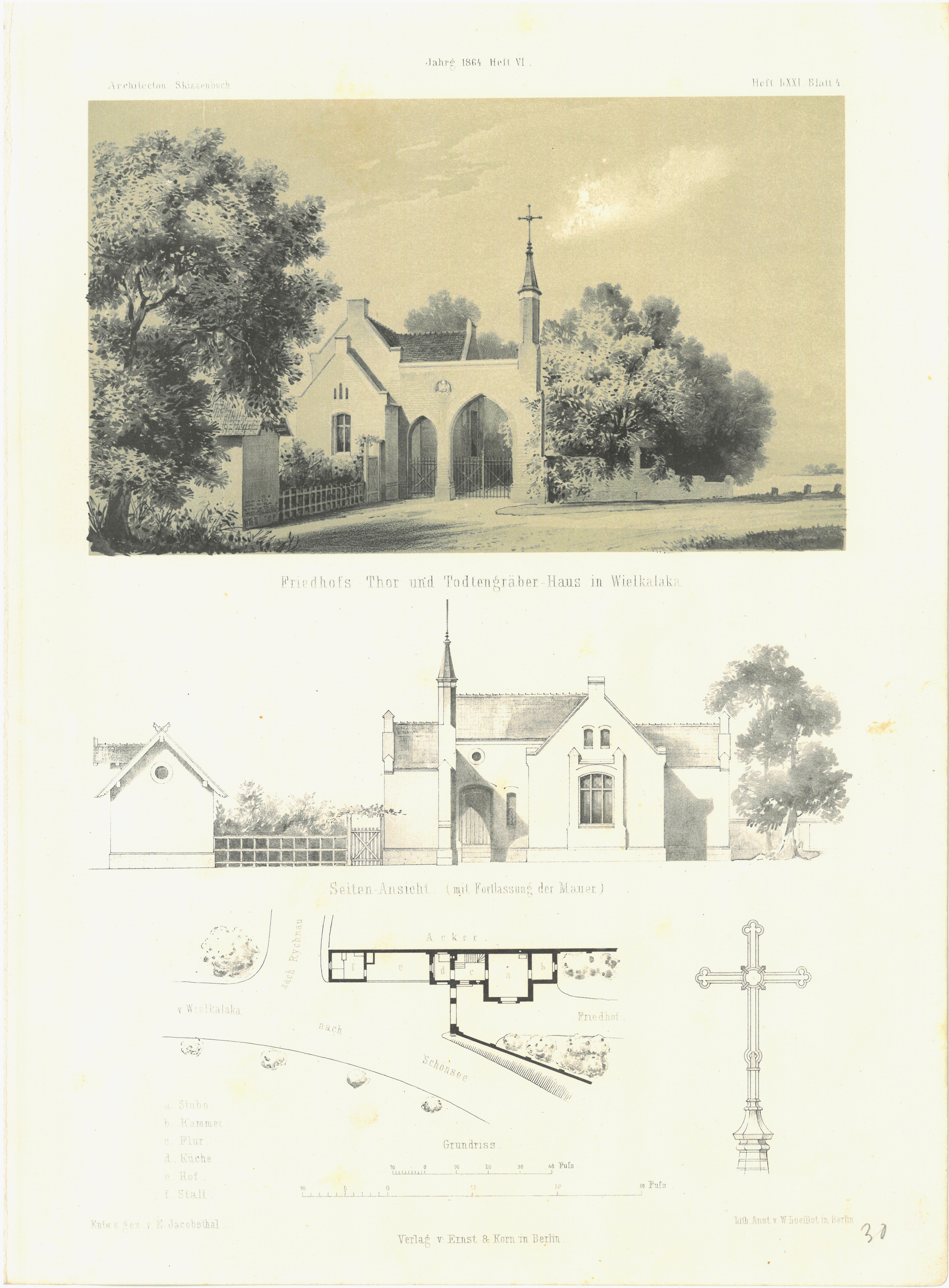 Grafik "Friedhofs-Thor und Todtengräber-Haus in Wielkalaka" (Museum für Sepulkralkultur Public Domain Mark)