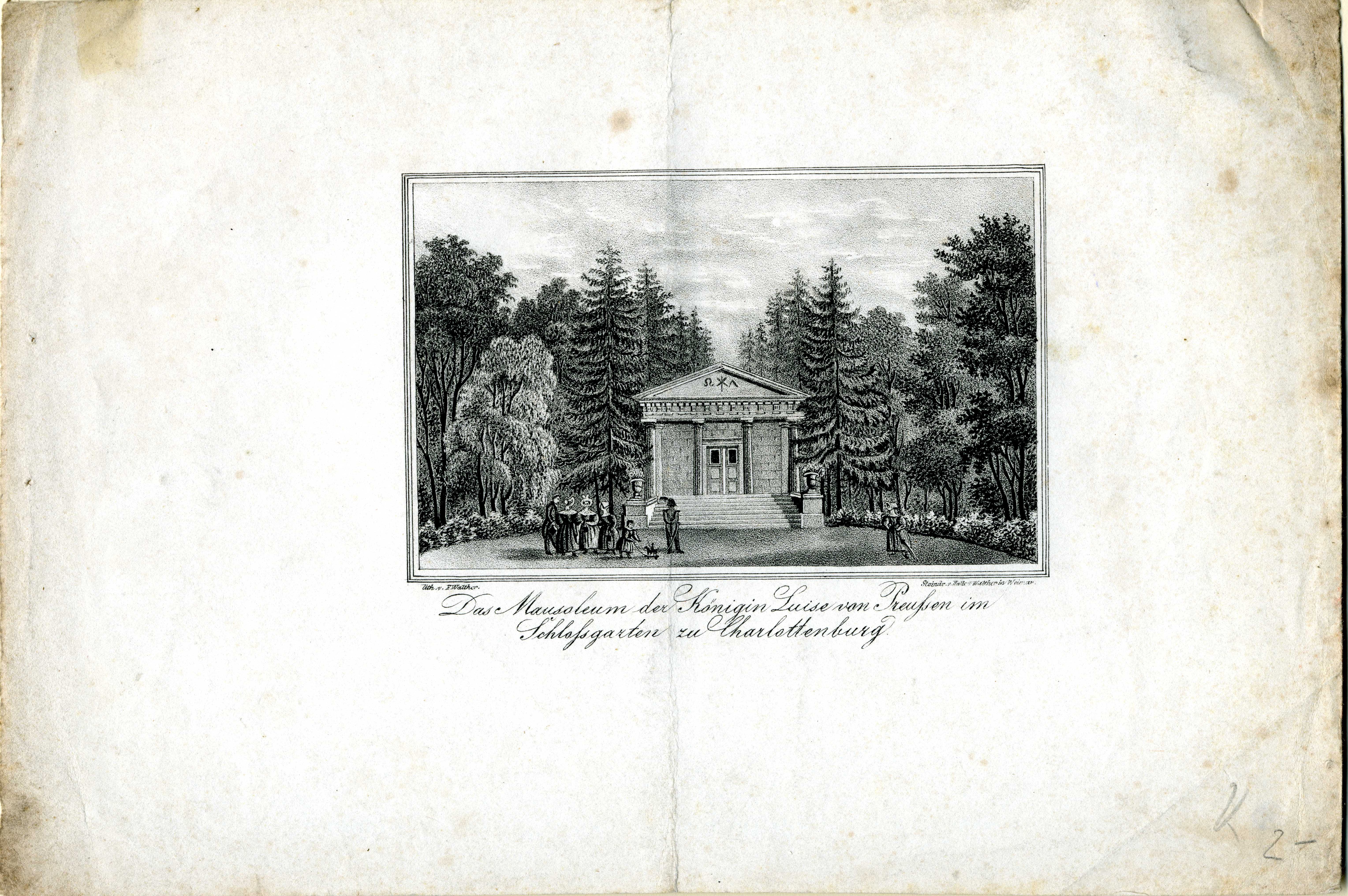 Grafik "Das Mausoleum der Königin Luise von Preußen im Schloßgarten zu Charlottenburg" (Museum für Sepulkralkultur Public Domain Mark)