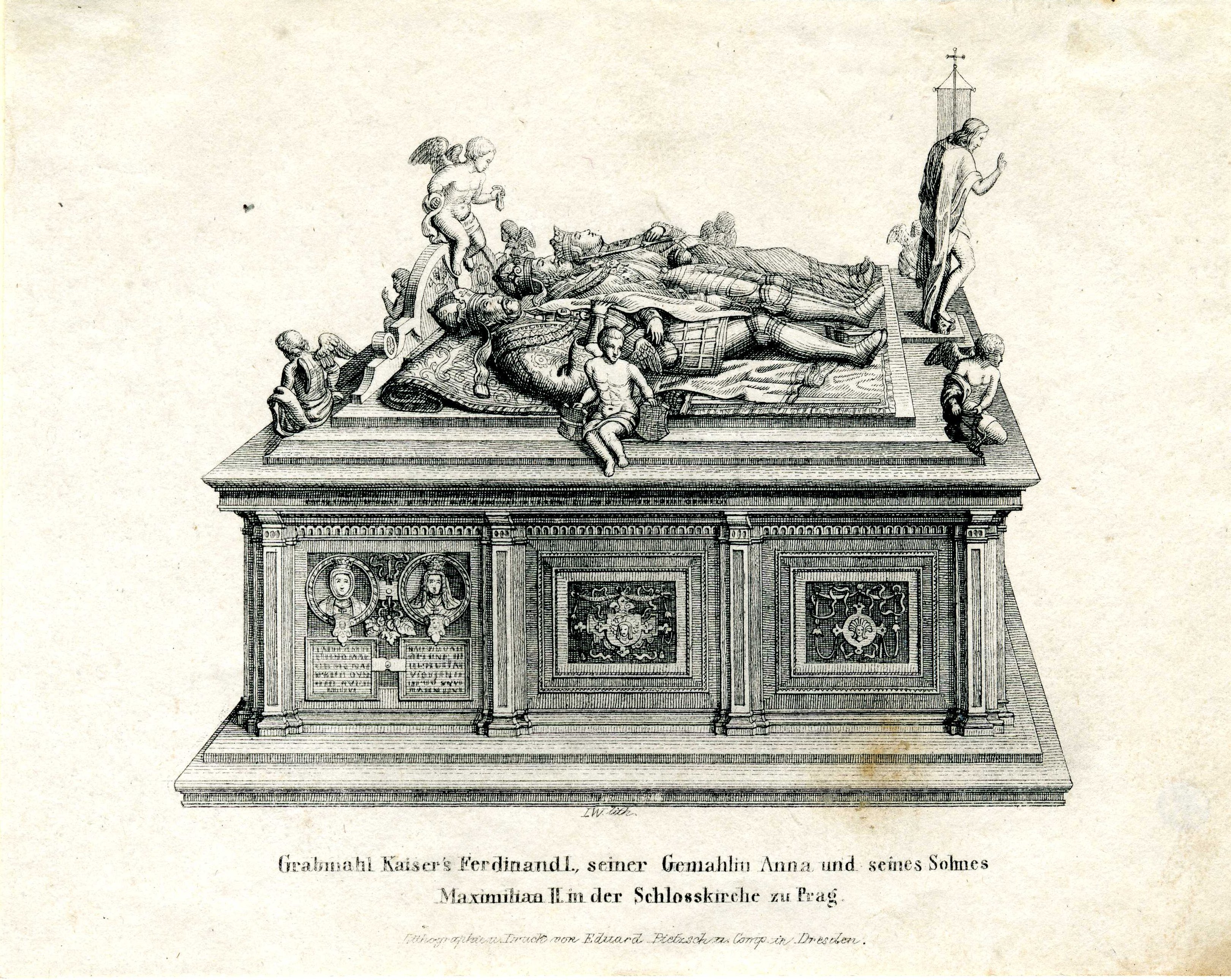 Grafik "Grabmahl Kaiser's Ferdinand I., seiner Gemahlin Anna und seines Sohnes Maximilian II. in der Schlosskirche zu Prag" ( Public Domain Mark)