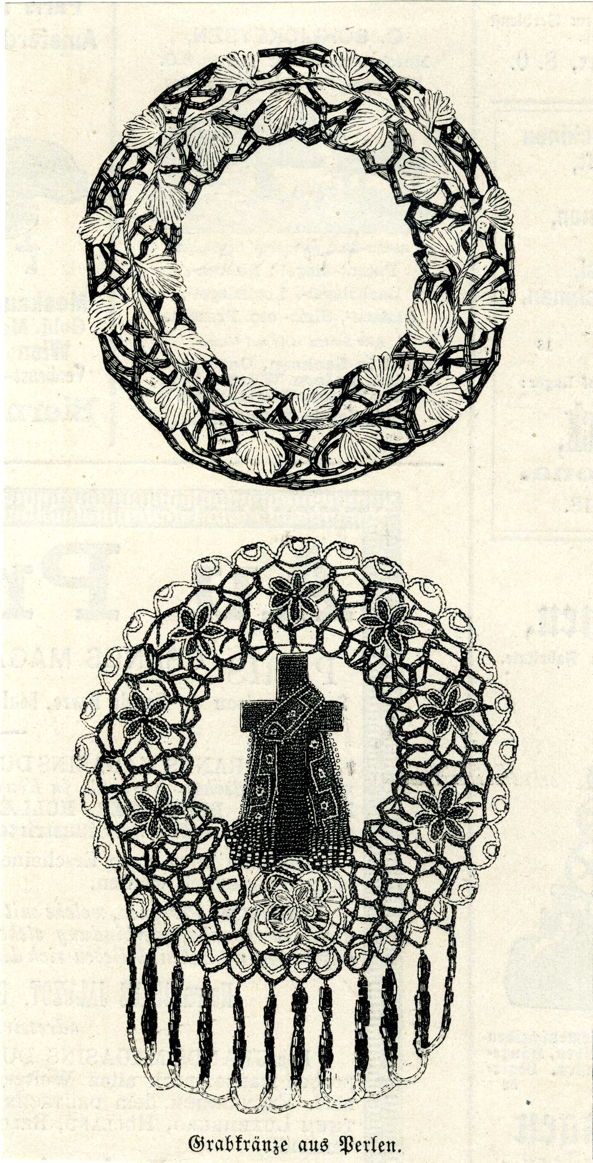 Grafik "Grabkränze aus Perlen" (Museum für Sepulkralkultur Public Domain Mark)