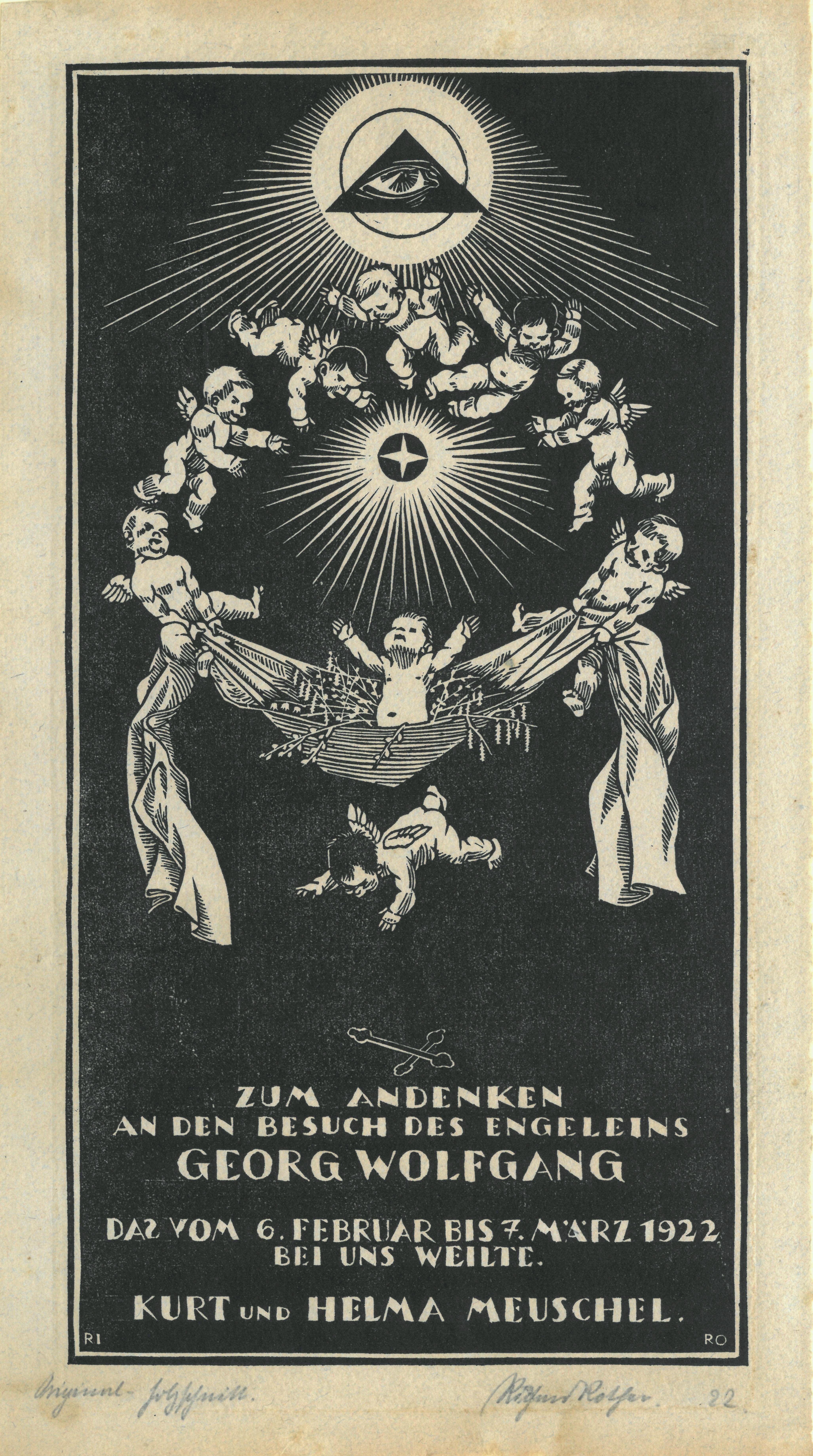 Grafik "Zum Andenken an den Besuch des Engeleins Georg Wolfgang" (Museum für Sepulkralkultur Public Domain Mark)