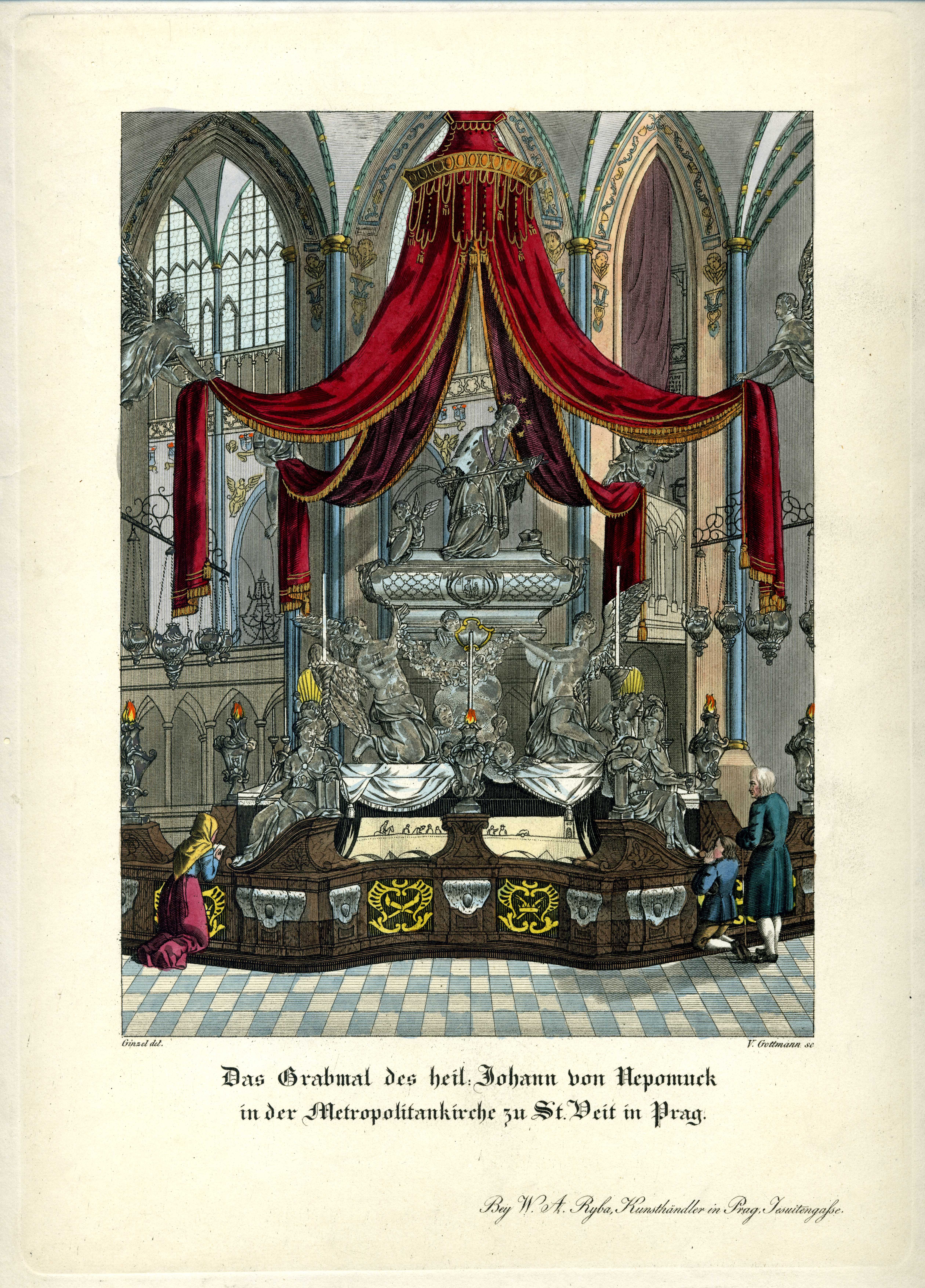 Grafik "Das Grabmal des heil. Johann von Nepomuk in der Metropolitankirche zu St. Veit in Prag" (Museum für Sepulkralkultur Public Domain Mark)