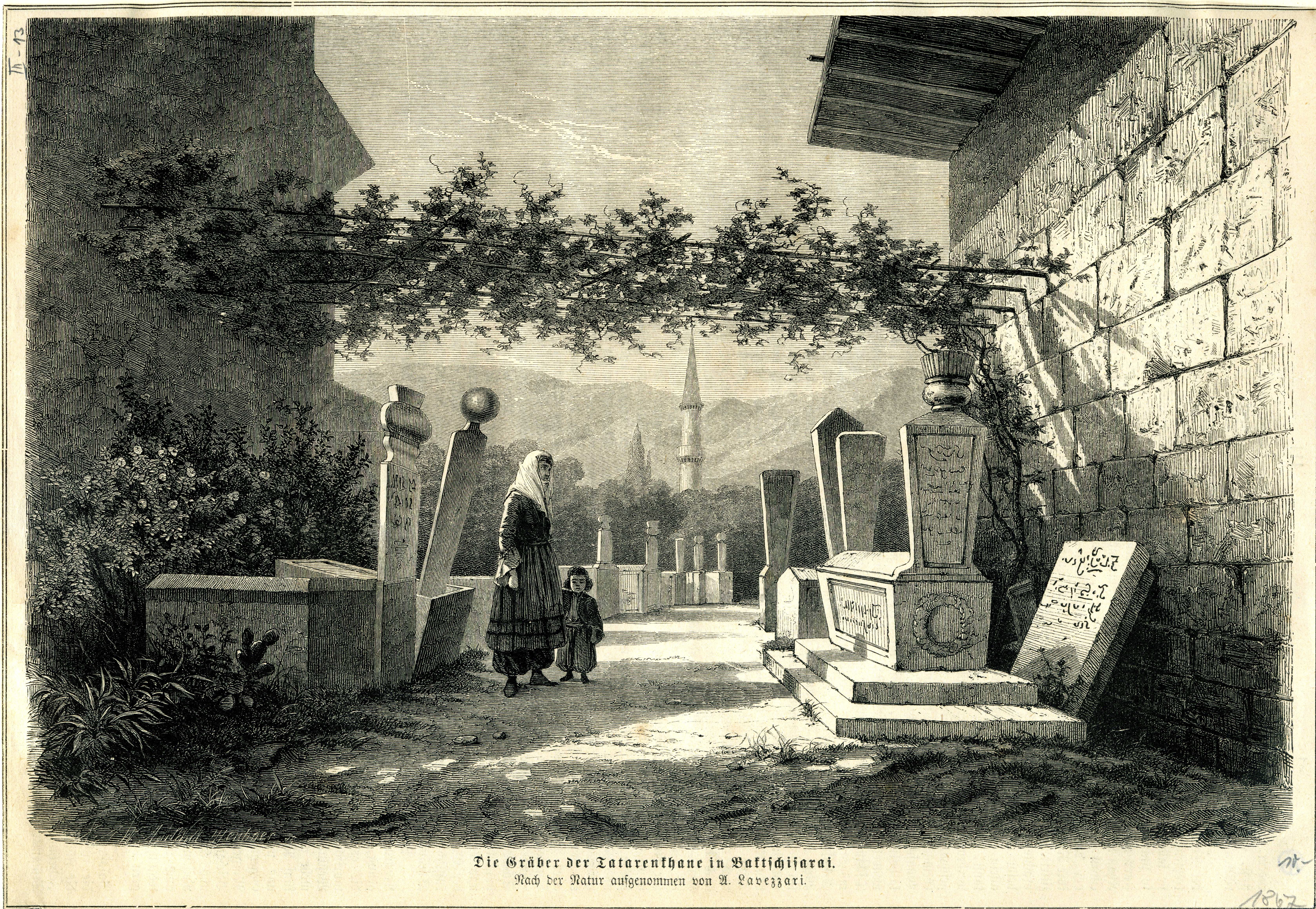 Grafik "Die Gräber der Tartarenkhane in Baktschisarai" (Museum für Sepulkralkultur Public Domain Mark)
