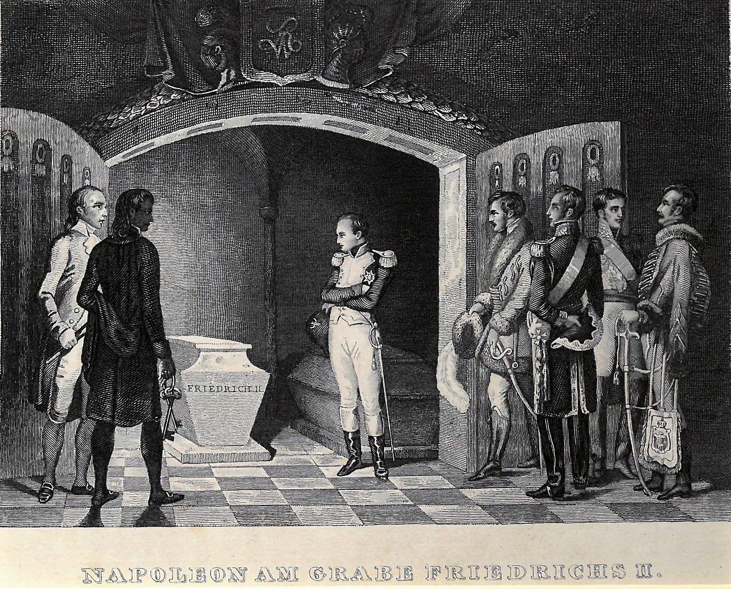 Grafik "Napoleon am Grabe Friedrichs II." (Museum für Sepulkralkultur CC BY-NC-SA)