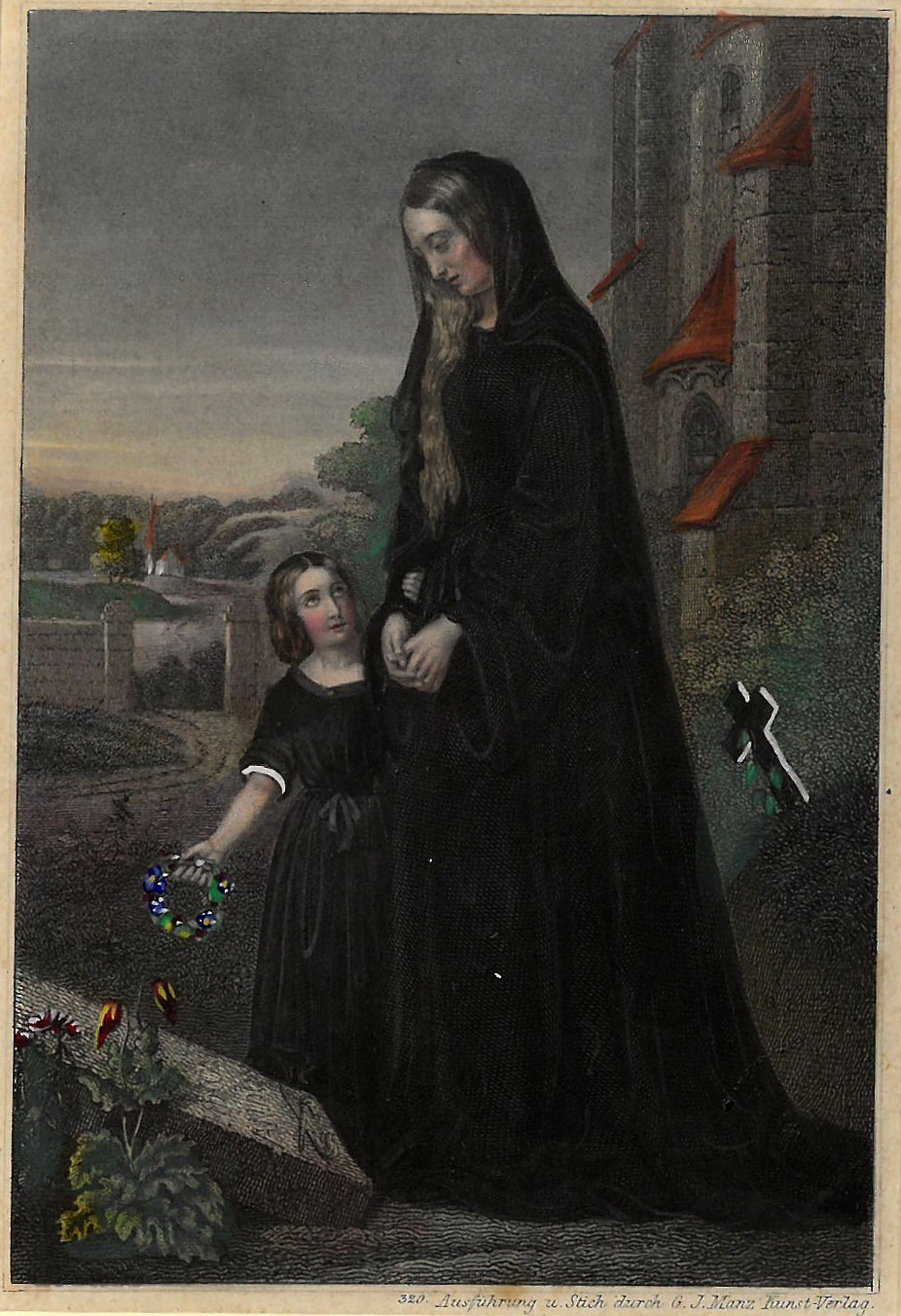 Grafik 'Trauernde Frau mit Kind am Grab' (Museum für Sepulkralkultur CC BY-NC-SA)