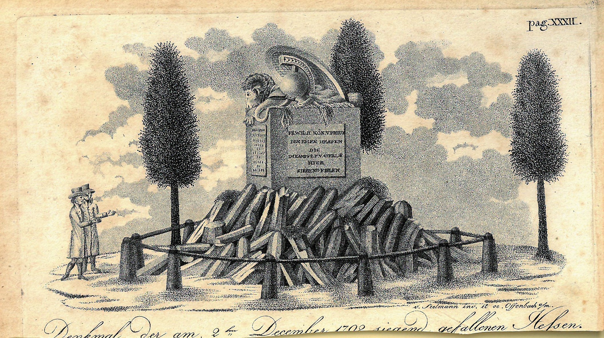 Grafik "Denkmal der am 2ten December 1792 siegend gefallenen Heßsen" (Museum für Sepulkralkultur CC BY-NC-SA)
