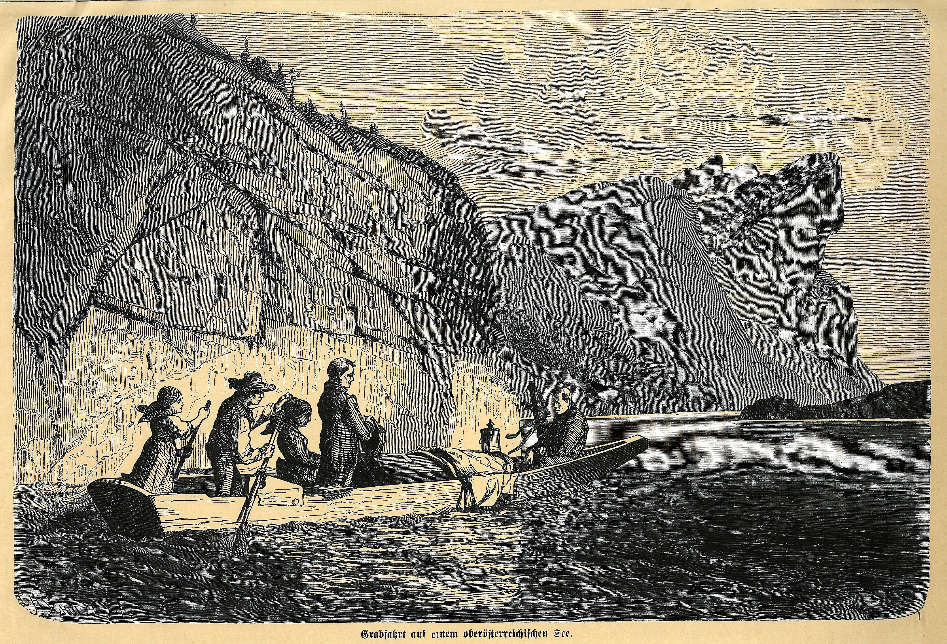 Grafik "Grabfahrt auf einem oberösterreichischen See" (Museum für Sepulkralkultur CC BY-NC-SA)