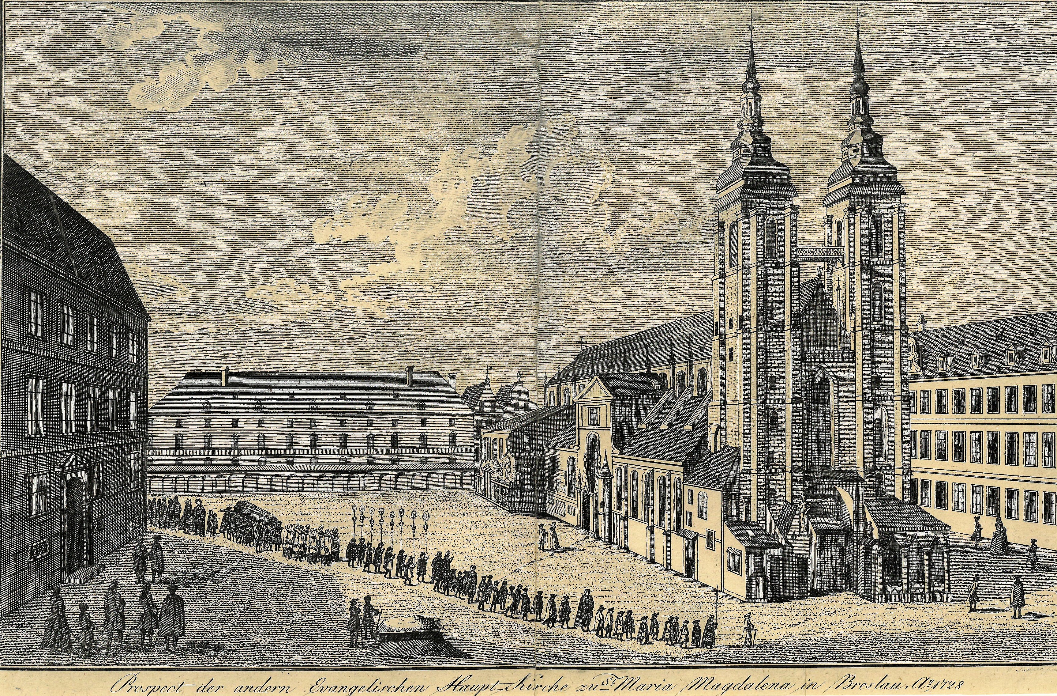 Grafik "Prospect der andern Evangelischen Haupt-Kirche zu St. Maria Magdalena in Breslau. Ao 1728" (Museum für Sepulkralkultur CC BY-NC-SA)