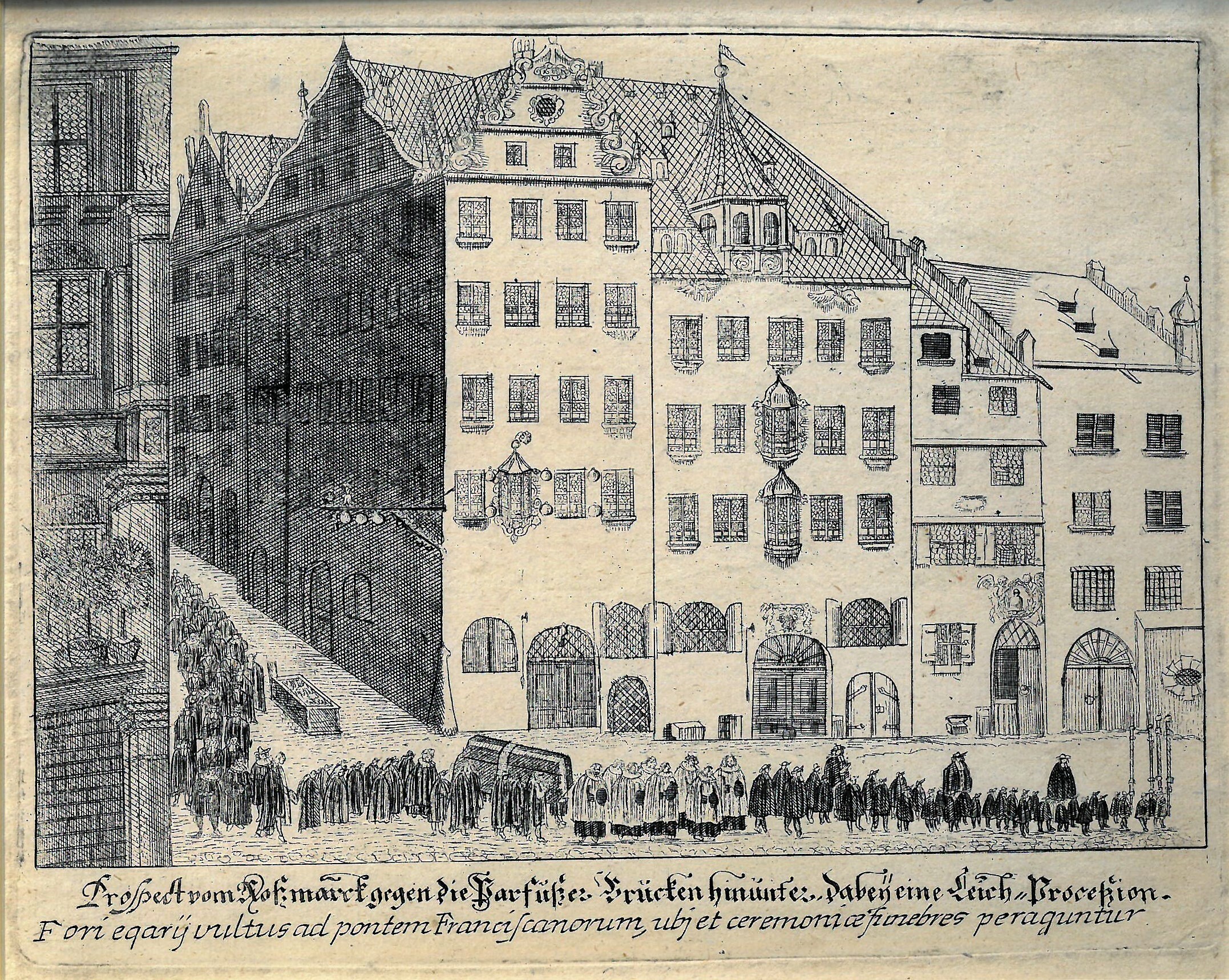 Grafik "Prospect vom Roßmarck gegen die Barfüßer Brücken hinunter …" (Museum für Sepulkralkultur CC BY-NC-SA)
