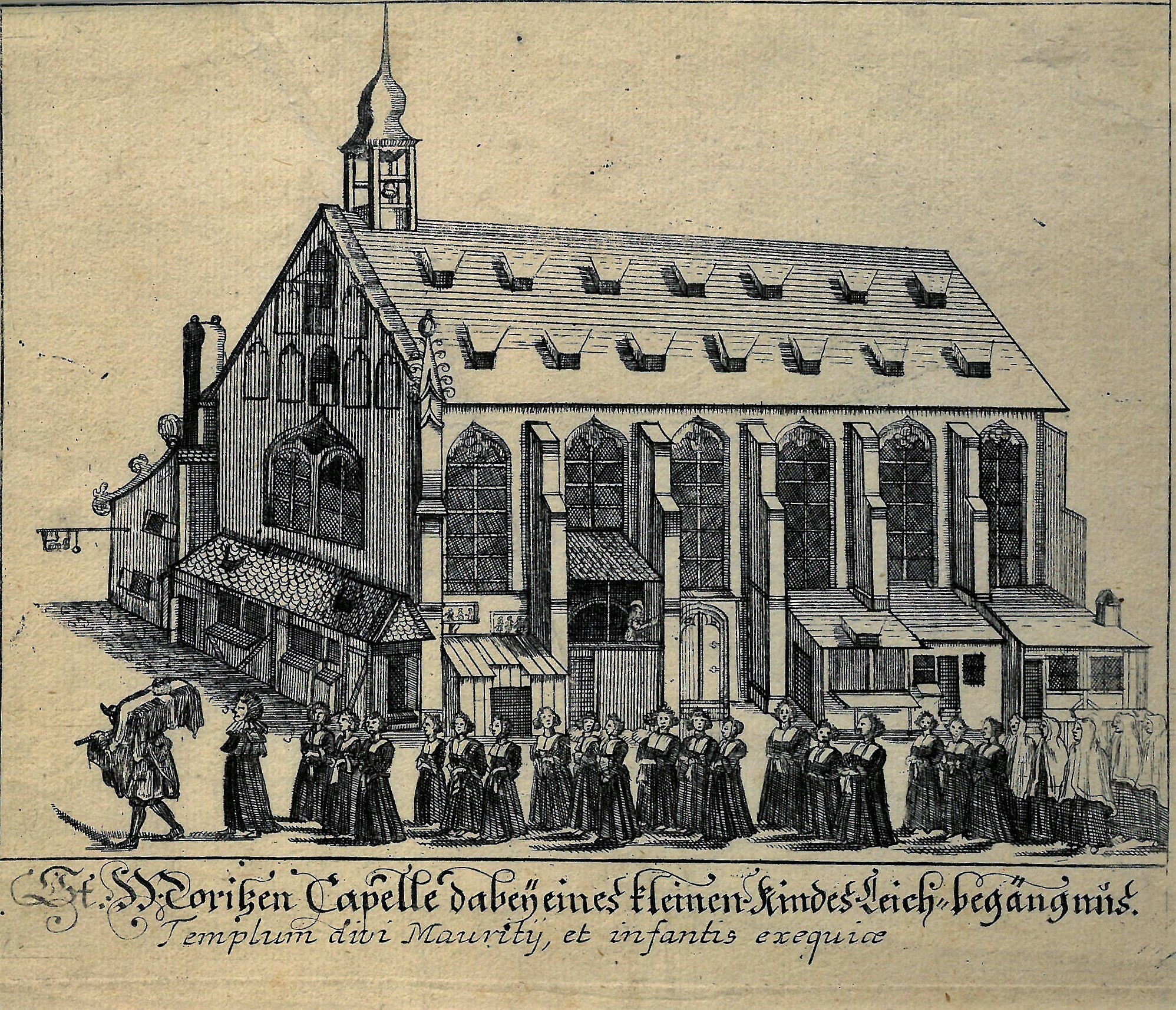 Grafik "St. Moritzen Capelle dabey eines kleinen Kindes-Leich=begängnis" (Museum für Sepulkralkultur CC BY-NC-SA)
