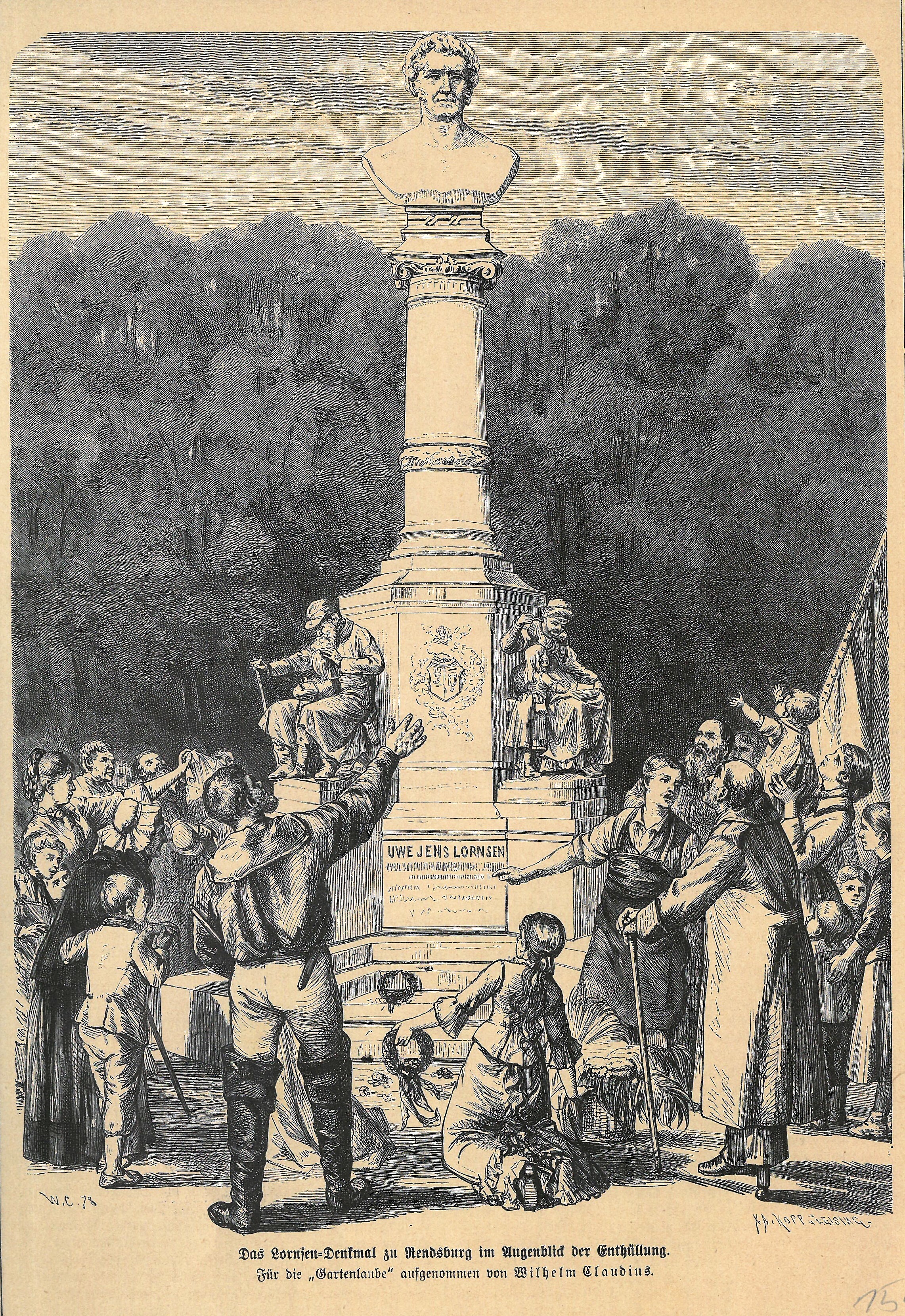 Grafik "Das Lornsen-Denkmal zu Rendsburg im Augenblick der Enthüllung" (Museum für Sepulkralkultur CC BY-NC-SA)