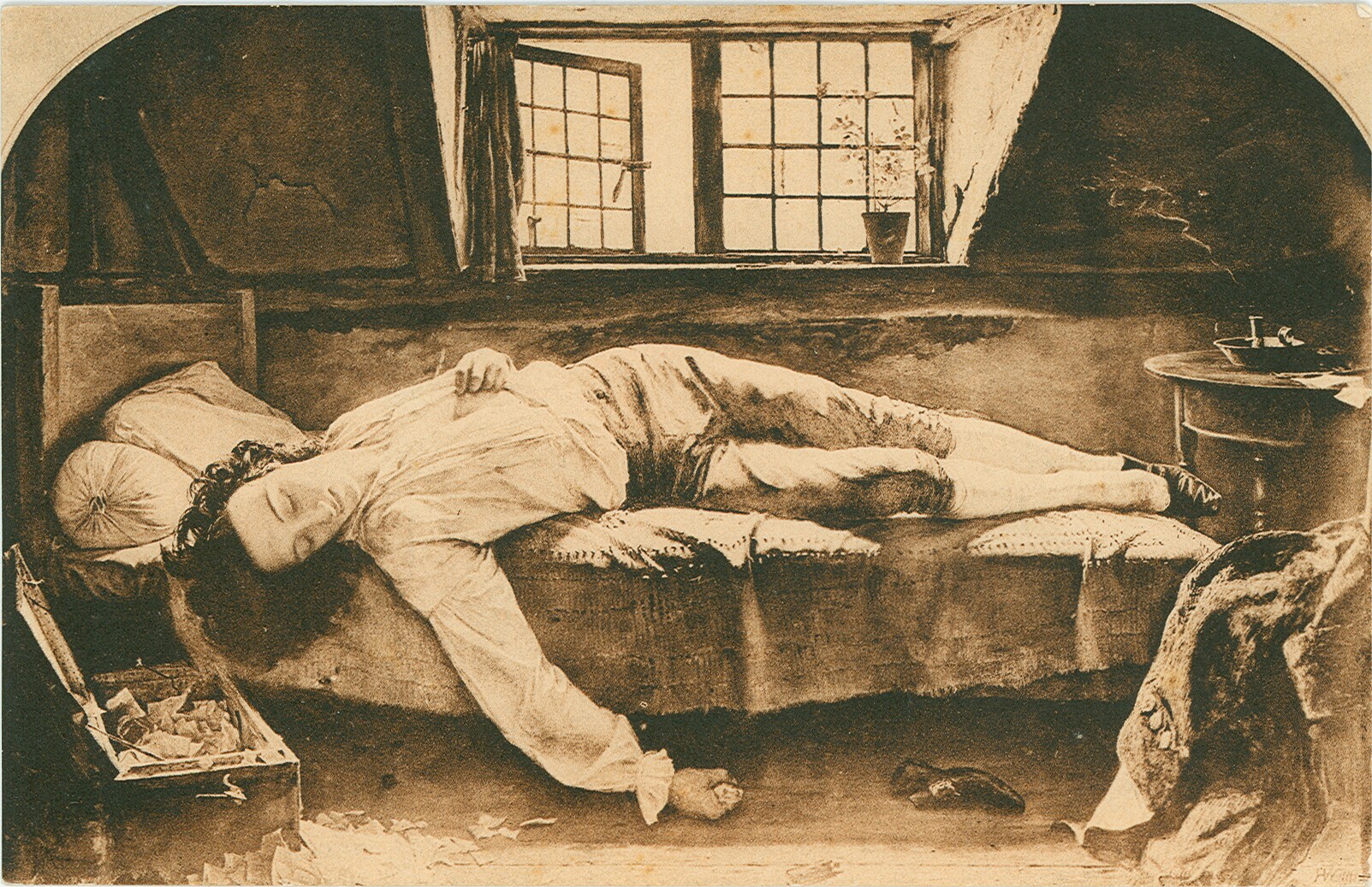 Postkarte "Death of Chatterton" (Museum für Sepulkralkultur CC BY-NC-SA)