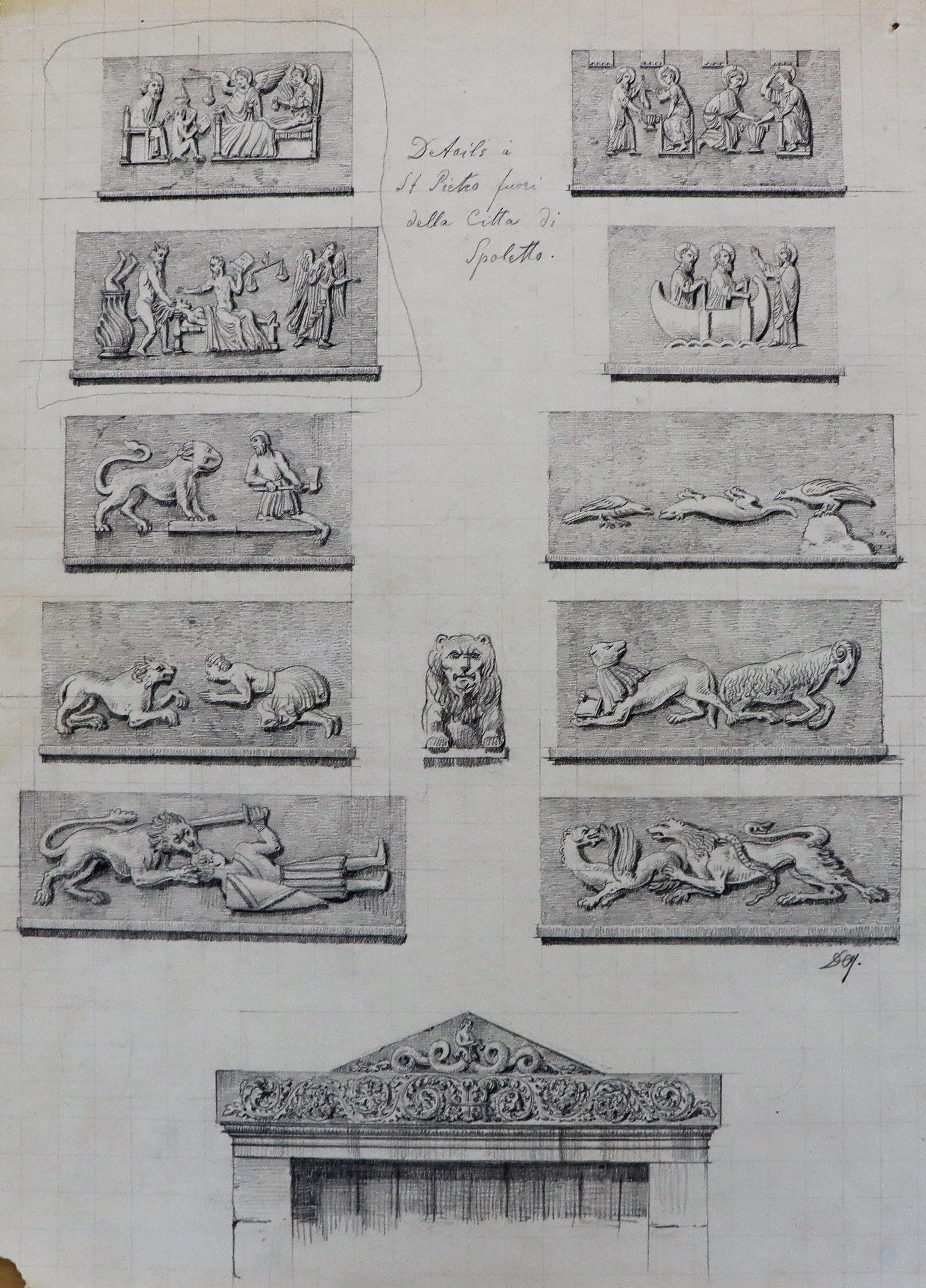 Zeichnung 'Architekturdetails und Kanzel von San Pietro in Spoleto' (Domenico Quaglio II.) (Museum für Sepulkralkultur CC BY)